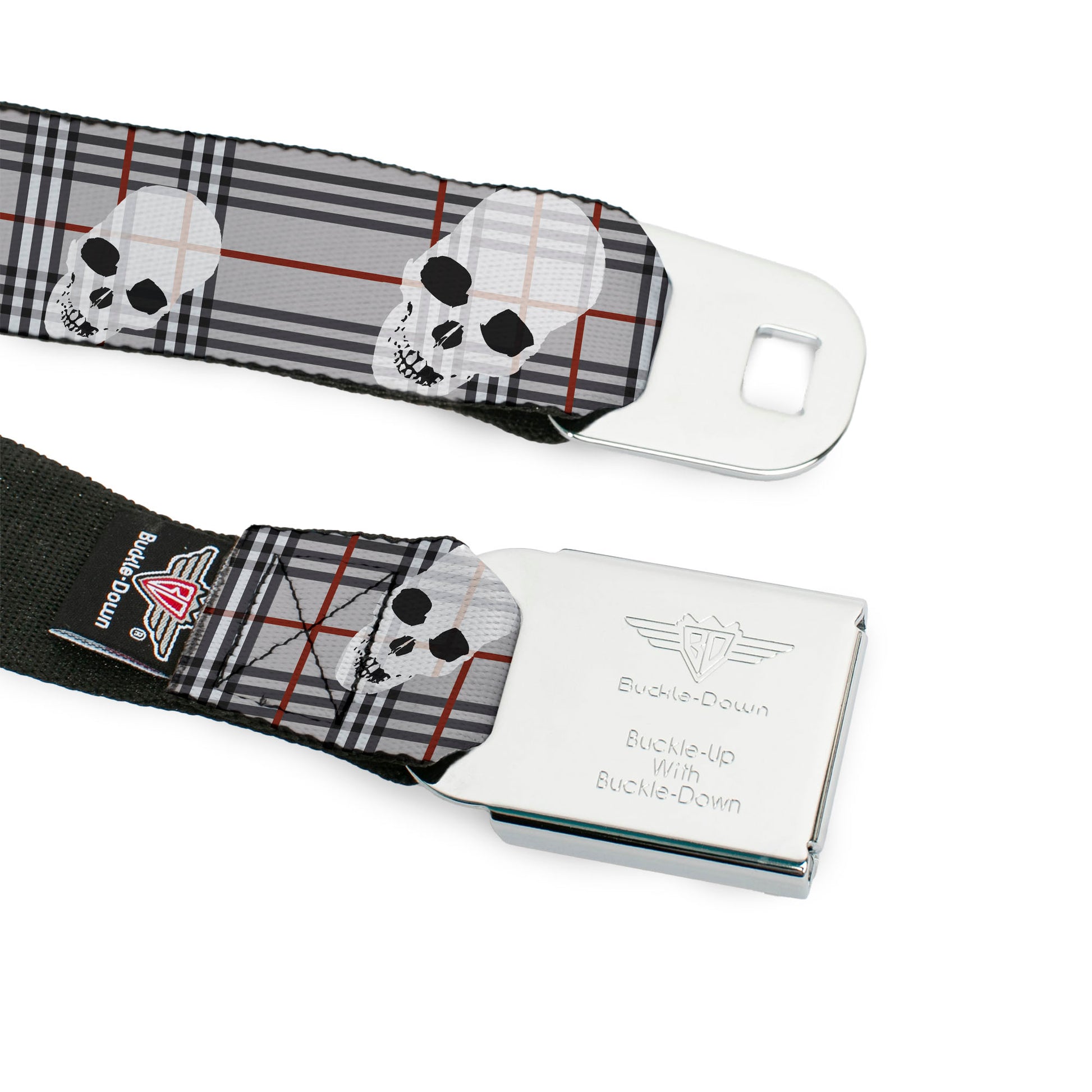 BD Wings Logo CLOSE-UP Full Color Black Silver Seatbelt Belt - Tilted Skulls Plaid Gray Webbing Seatbelt Belts Buckle-Down