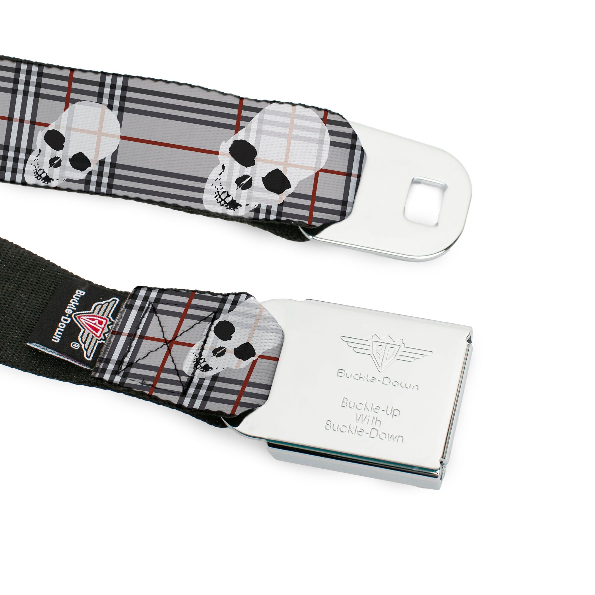 BD Wings Logo CLOSE-UP Full Color Black Silver Seatbelt Belt - Tilted Skulls Plaid Gray Webbing Seatbelt Belts Buckle-Down