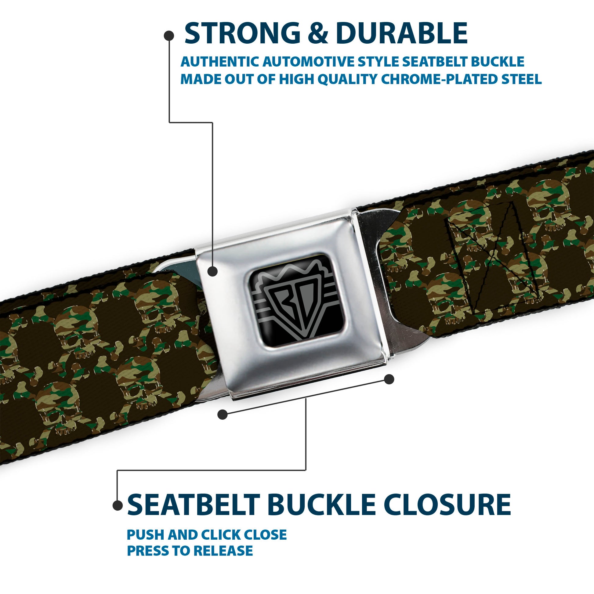 BD Wings Logo CLOSE-UP Full Color Black Silver Seatbelt Belt - Top Skulls Black/Camo Olive Webbing Seatbelt Belts Buckle-Down