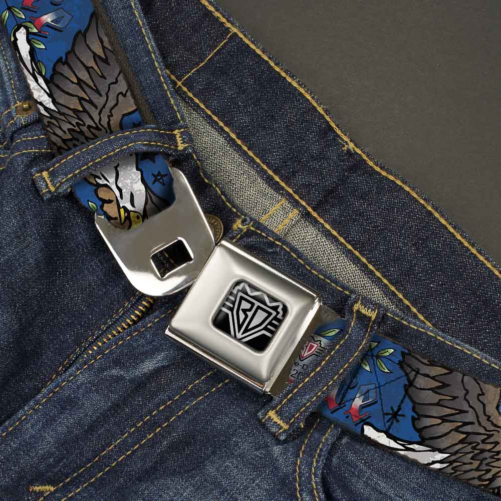 BD Wings Logo CLOSE-UP Full Color Black Silver Seatbelt Belt - Truth and Justice Blue Webbing Seatbelt Belts Buckle-Down