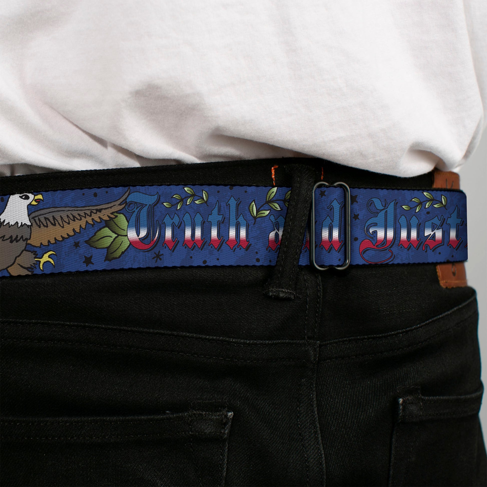 BD Wings Logo CLOSE-UP Full Color Black Silver Seatbelt Belt - Truth and Justice Blue Webbing Seatbelt Belts Buckle-Down