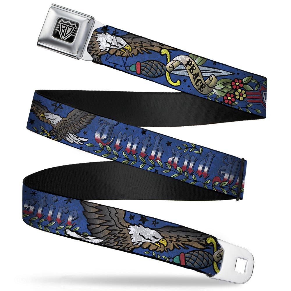 BD Wings Logo CLOSE-UP Full Color Black Silver Seatbelt Belt - Truth and Justice Blue Webbing Seatbelt Belts Buckle-Down