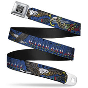 BD Wings Logo CLOSE-UP Full Color Black Silver Seatbelt Belt - Truth and Justice Blue Webbing Seatbelt Belts Buckle-Down