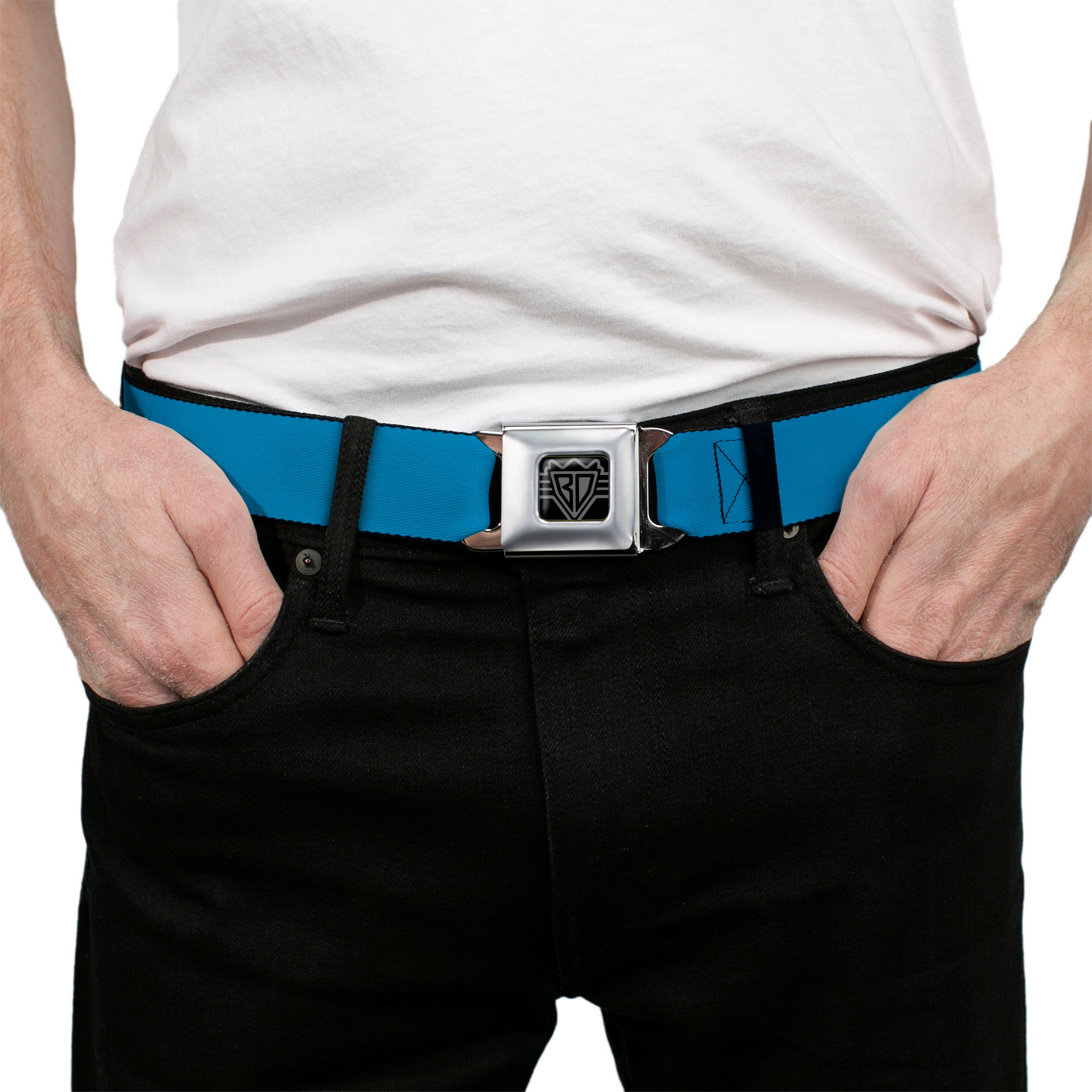 BD Wings Logo CLOSE-UP Full Color Black Silver Seatbelt Belt - Turquoise Webbing Seatbelt Belts Buckle-Down