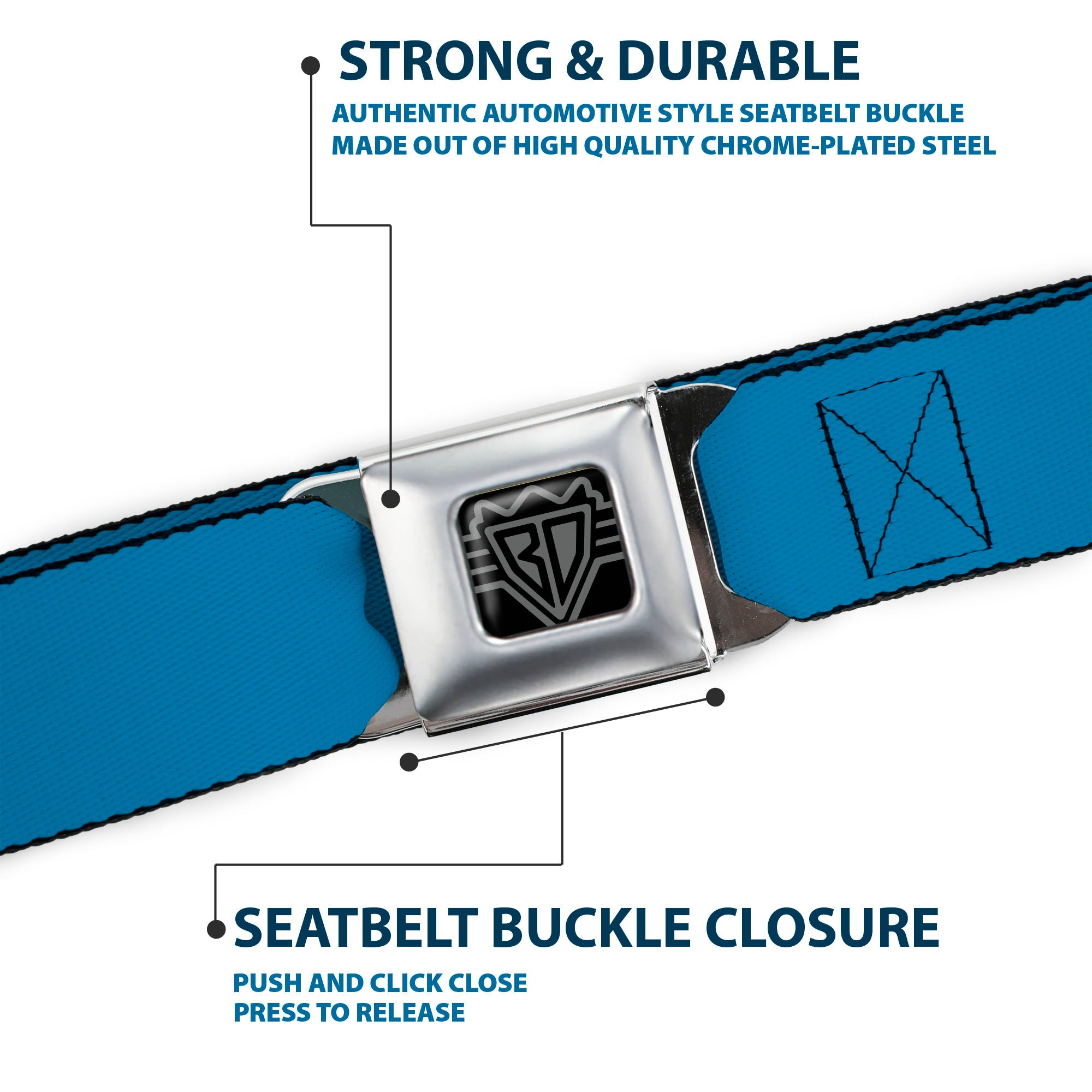 BD Wings Logo CLOSE-UP Full Color Black Silver Seatbelt Belt - Turquoise Webbing Seatbelt Belts Buckle-Down