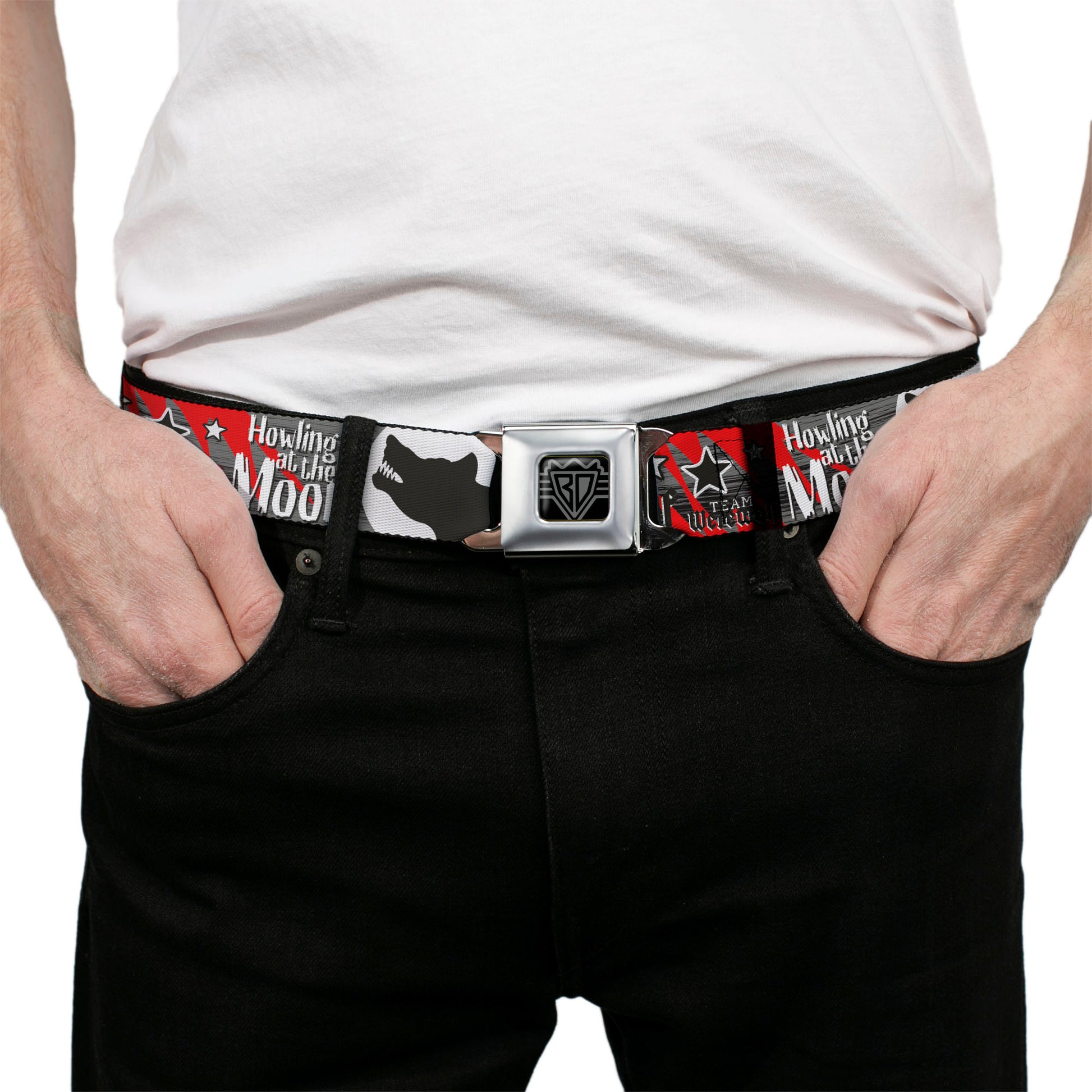BD Wings Logo CLOSE-UP Full Color Black Silver Seatbelt Belt - Team Werewolf Webbing Seatbelt Belts Buckle-Down