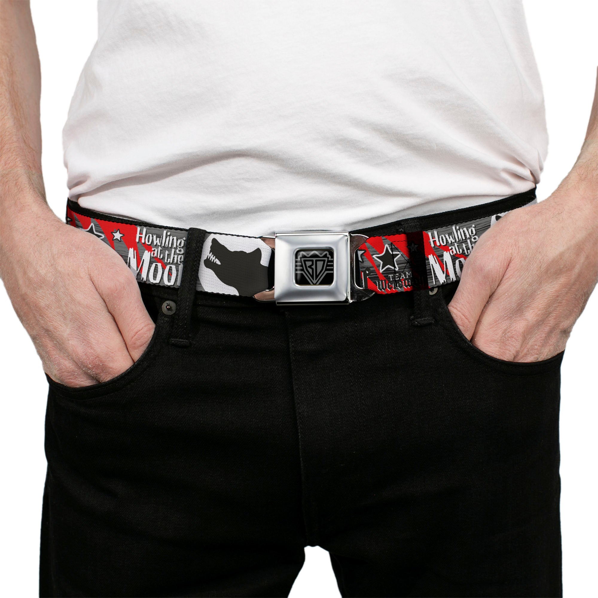 BD Wings Logo CLOSE-UP Full Color Black Silver Seatbelt Belt - Team Werewolf Webbing Seatbelt Belts Buckle-Down
