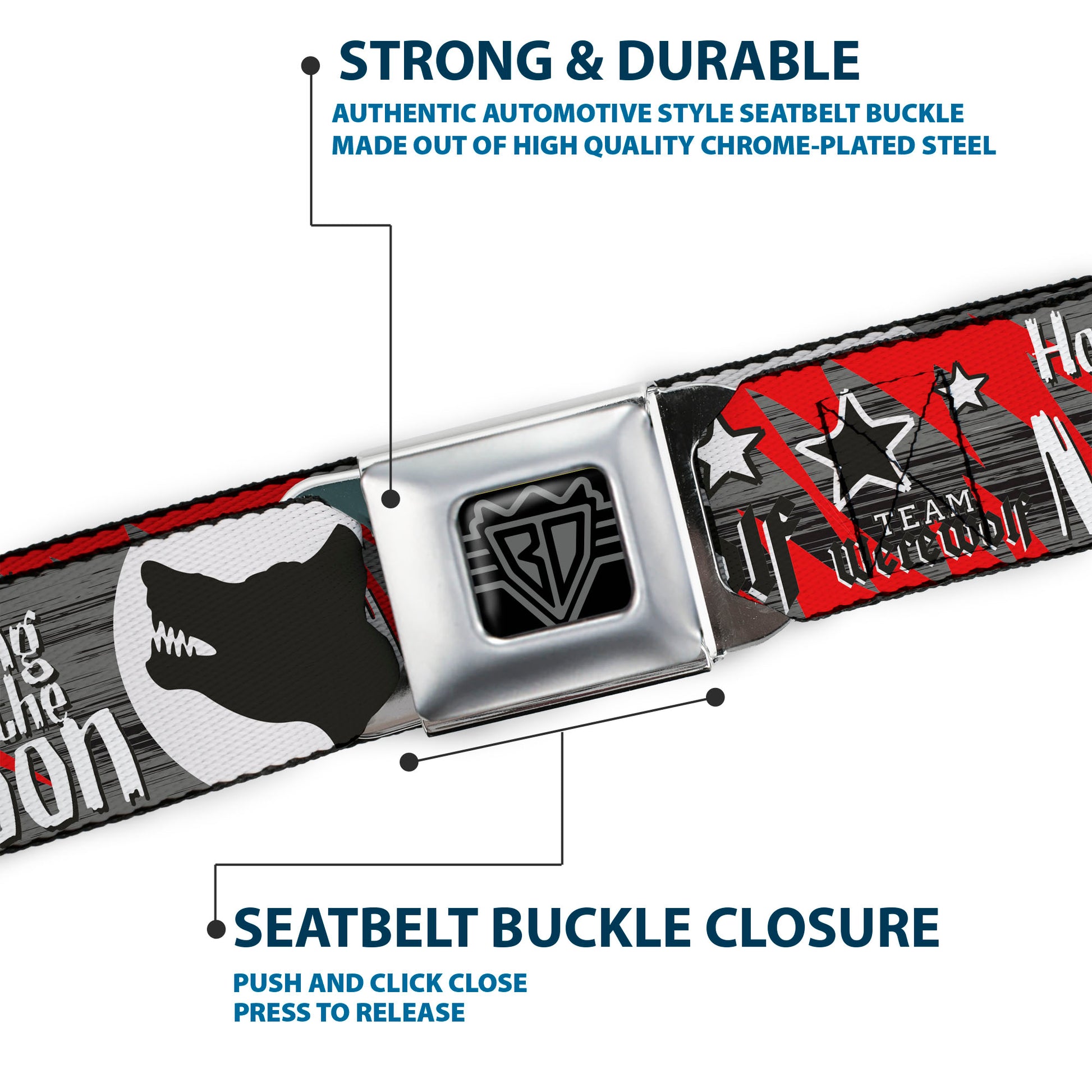 BD Wings Logo CLOSE-UP Full Color Black Silver Seatbelt Belt - Team Werewolf Webbing Seatbelt Belts Buckle-Down