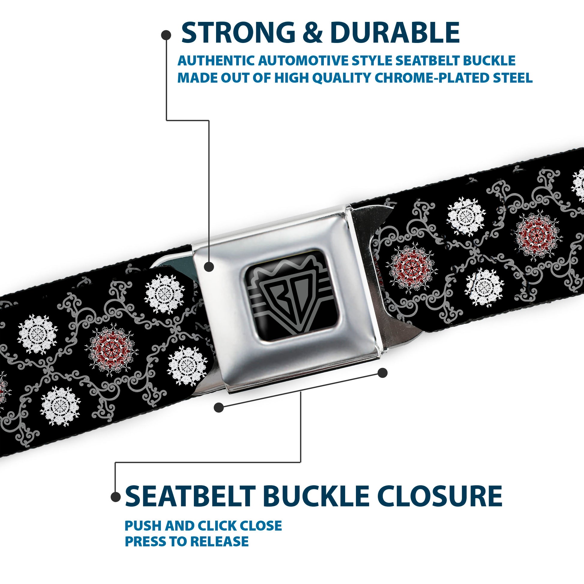 BD Wings Logo CLOSE-UP Full Color Black Silver Seatbelt Belt - Tapestry 1 Black Webbing Seatbelt Belts Buckle-Down