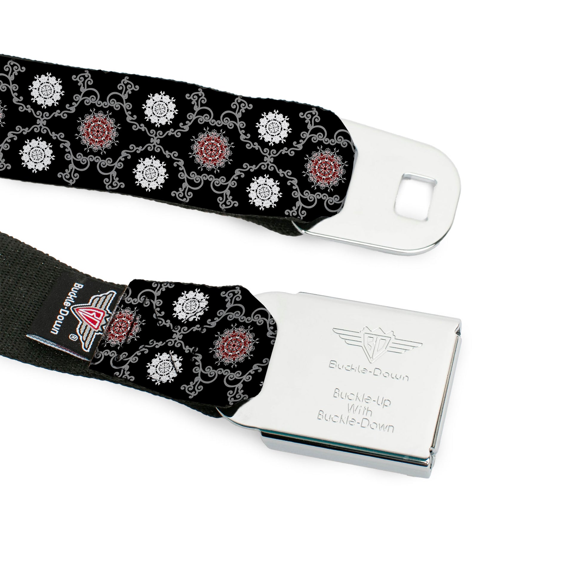 BD Wings Logo CLOSE-UP Full Color Black Silver Seatbelt Belt - Tapestry 1 Black Webbing Seatbelt Belts Buckle-Down