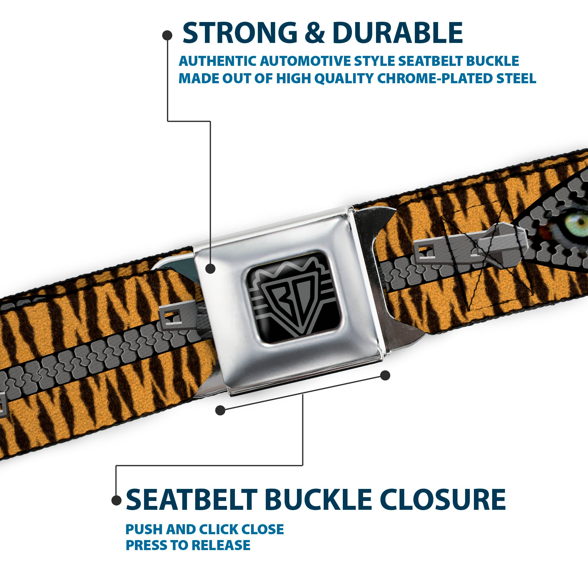 BD Wings Logo CLOSE-UP Full Color Black Silver Seatbelt Belt - Tiger Eyes Webbing Seatbelt Belts Buckle-Down