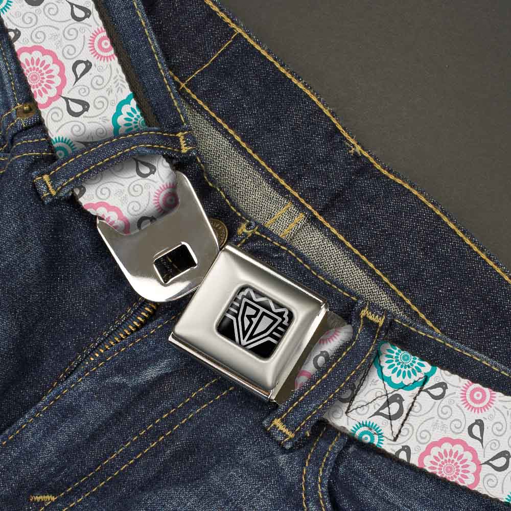 BD Wings Logo CLOSE-UP Full Color Black Silver Seatbelt Belt - Bird Tapestry White/Gray/Turquoise/Pink Webbing Seatbelt Belts Buckle-Down