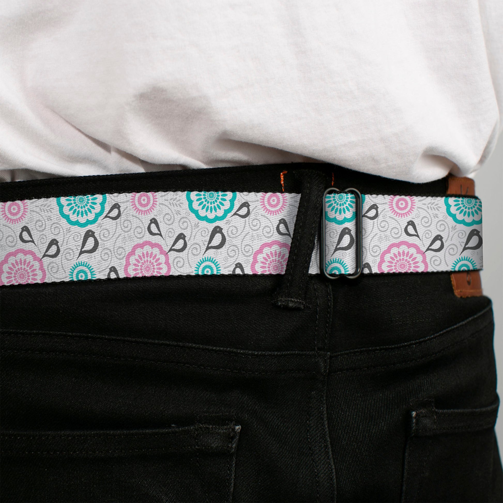 BD Wings Logo CLOSE-UP Full Color Black Silver Seatbelt Belt - Bird Tapestry White/Gray/Turquoise/Pink Webbing Seatbelt Belts Buckle-Down