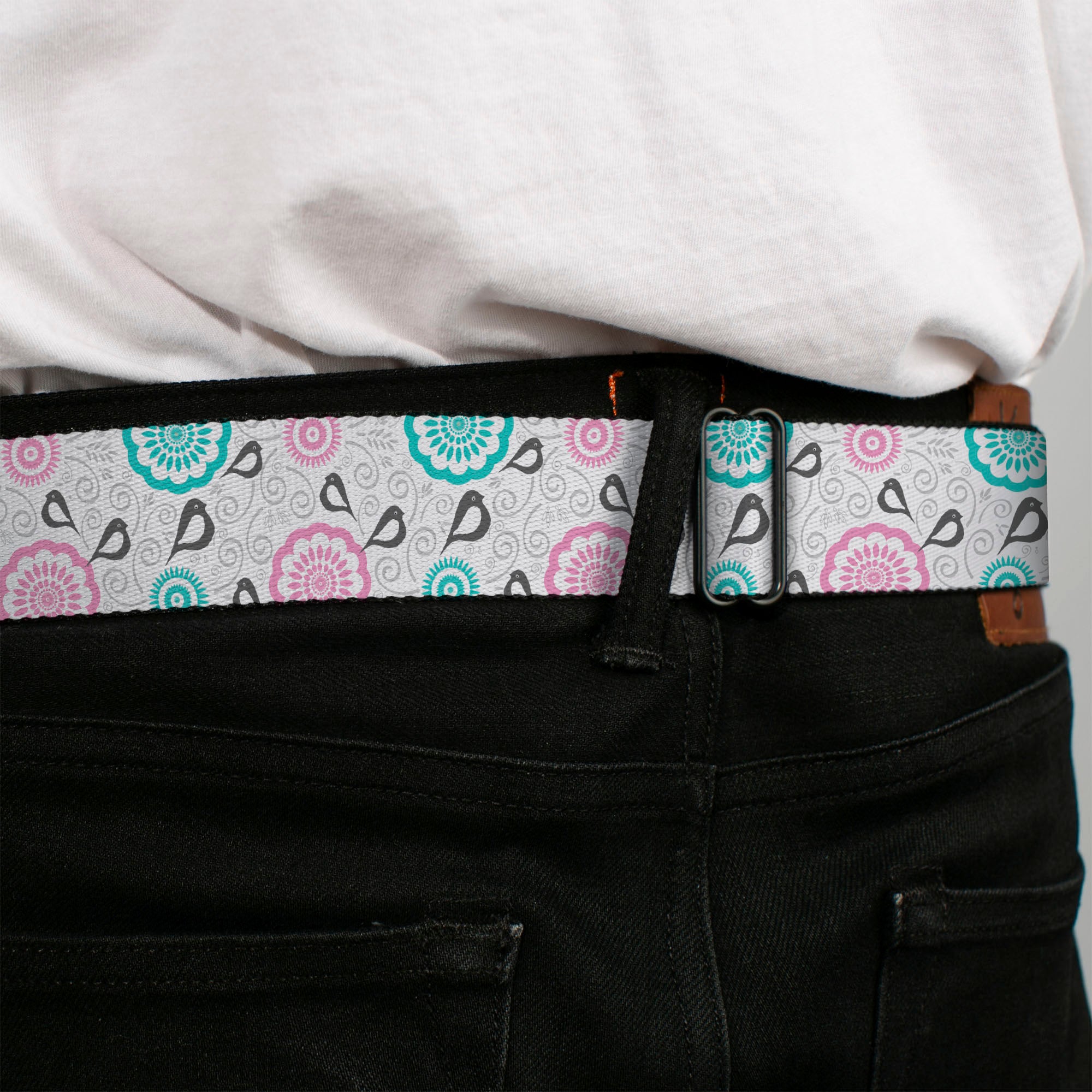 BD Wings Logo CLOSE-UP Full Color Black Silver Seatbelt Belt - Bird Tapestry White/Gray/Turquoise/Pink Webbing Seatbelt Belts Buckle-Down