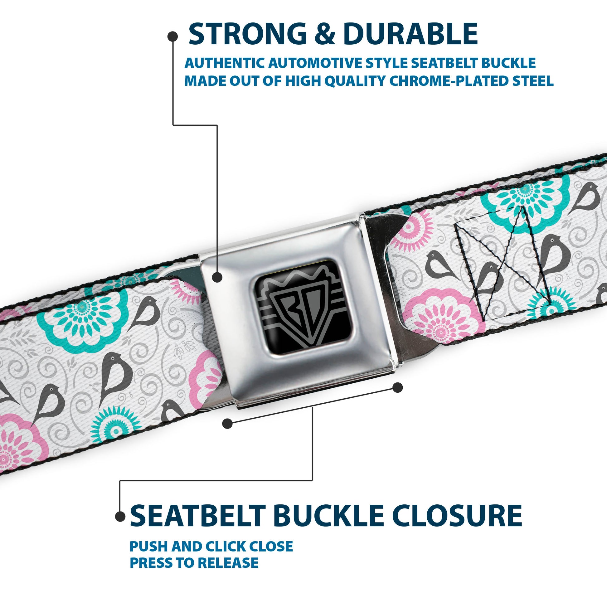 BD Wings Logo CLOSE-UP Full Color Black Silver Seatbelt Belt - Bird Tapestry White/Gray/Turquoise/Pink Webbing Seatbelt Belts Buckle-Down
