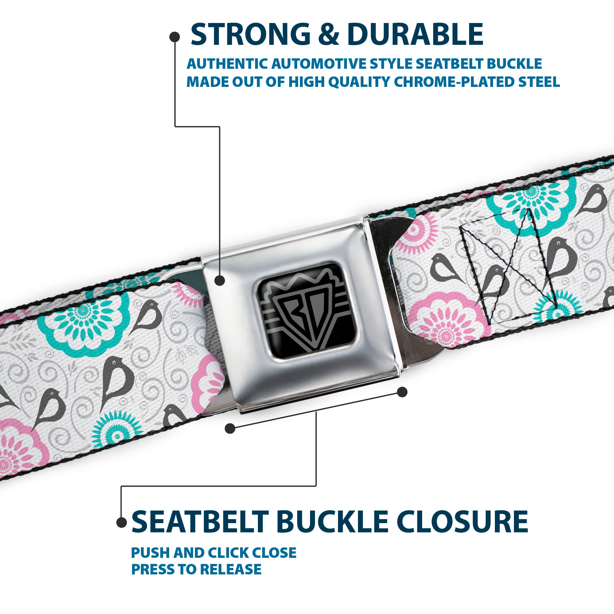 BD Wings Logo CLOSE-UP Full Color Black Silver Seatbelt Belt - Bird Tapestry White/Gray/Turquoise/Pink Webbing Seatbelt Belts Buckle-Down
