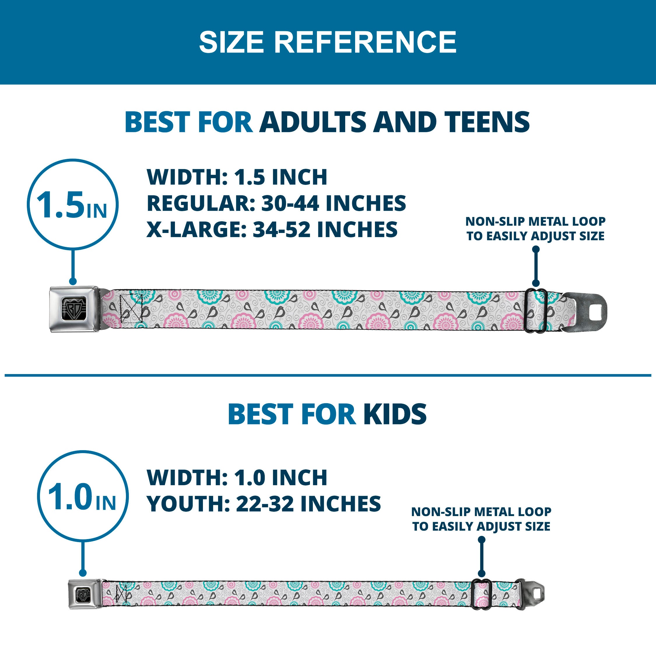 BD Wings Logo CLOSE-UP Full Color Black Silver Seatbelt Belt - Bird Tapestry White/Gray/Turquoise/Pink Webbing Seatbelt Belts Buckle-Down