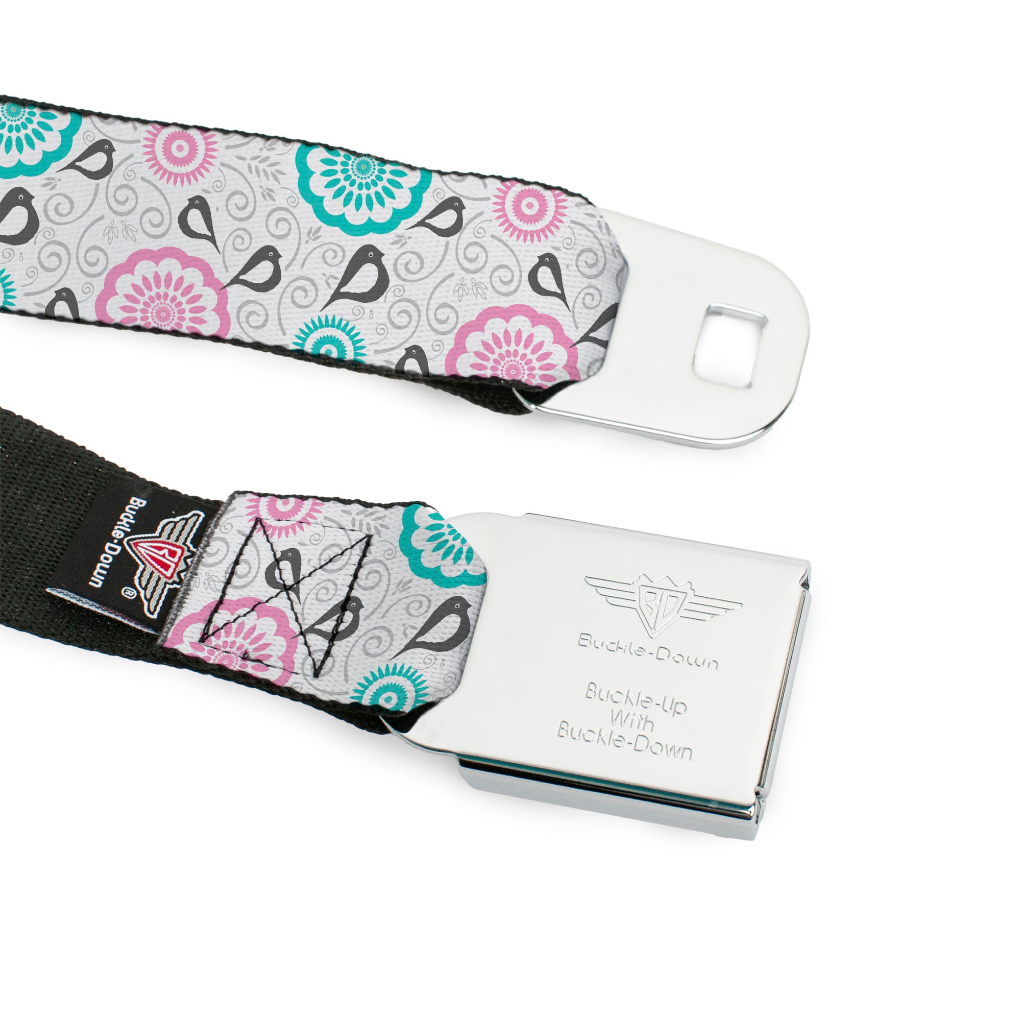 BD Wings Logo CLOSE-UP Full Color Black Silver Seatbelt Belt - Bird Tapestry White/Gray/Turquoise/Pink Webbing Seatbelt Belts Buckle-Down