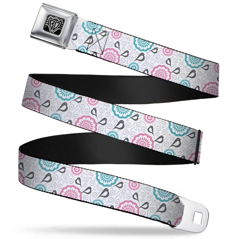 BD Wings Logo CLOSE-UP Full Color Black Silver Seatbelt Belt - Bird Tapestry White/Gray/Turquoise/Pink Webbing Seatbelt Belts Buckle-Down