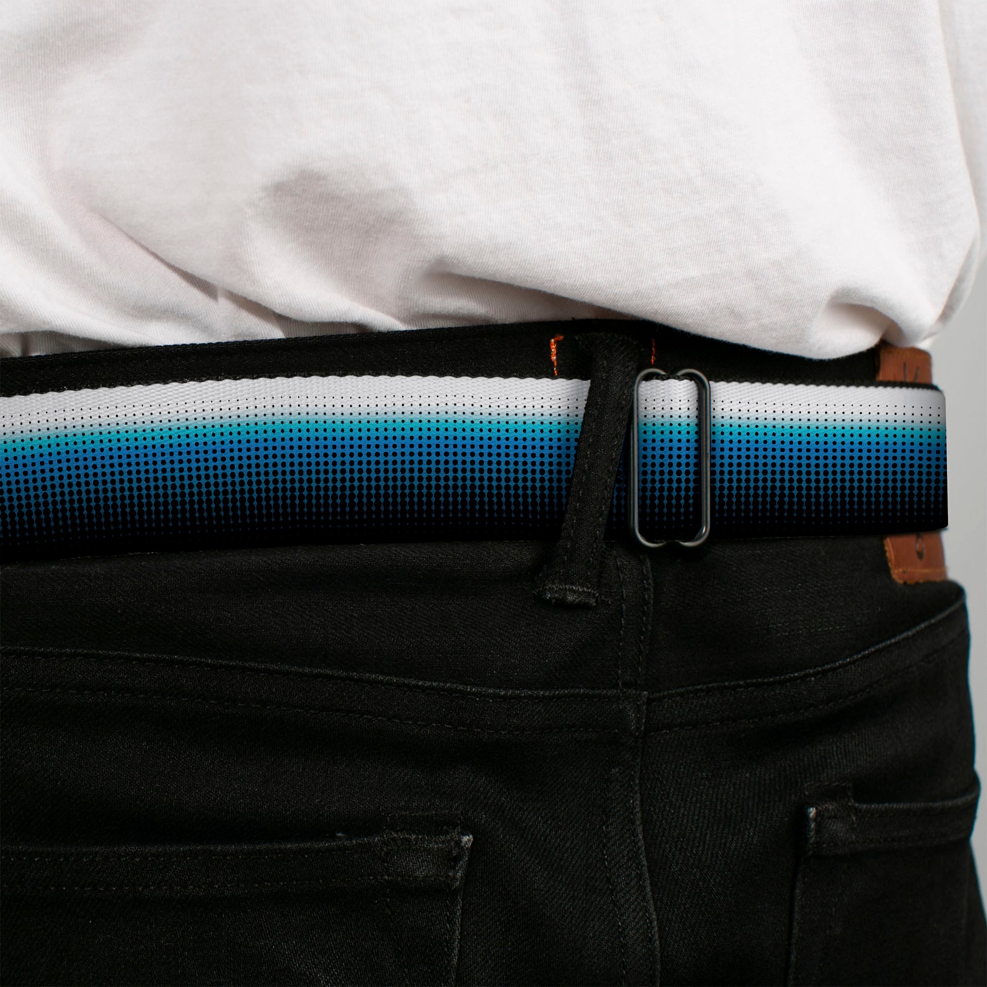 BD Wings Logo CLOSE-UP Full Color Black Silver Seatbelt Belt - Transitioning Dots White/Blue/Black Webbing Seatbelt Belts Buckle-Down