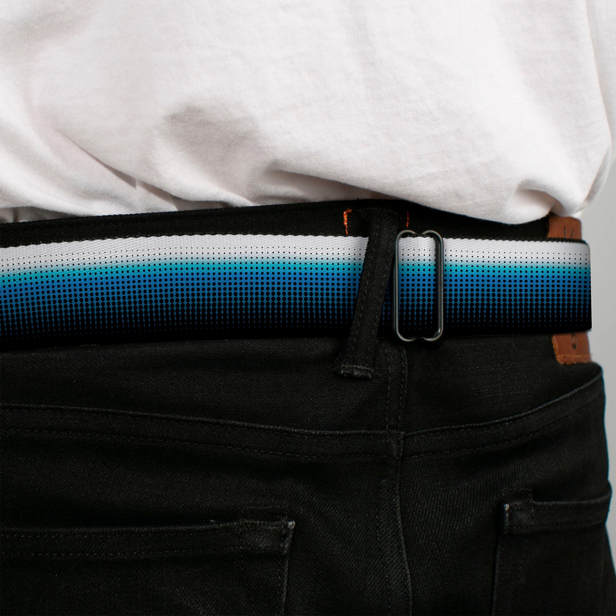 BD Wings Logo CLOSE-UP Full Color Black Silver Seatbelt Belt - Transitioning Dots White/Blue/Black Webbing Seatbelt Belts Buckle-Down