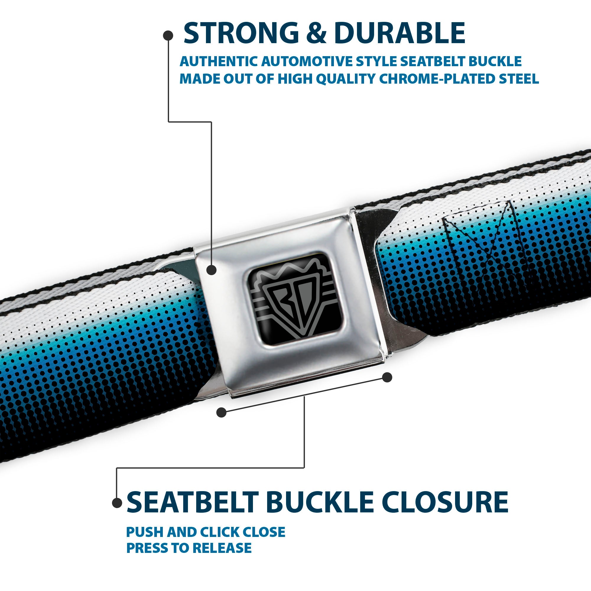 BD Wings Logo CLOSE-UP Full Color Black Silver Seatbelt Belt - Transitioning Dots White/Blue/Black Webbing Seatbelt Belts Buckle-Down