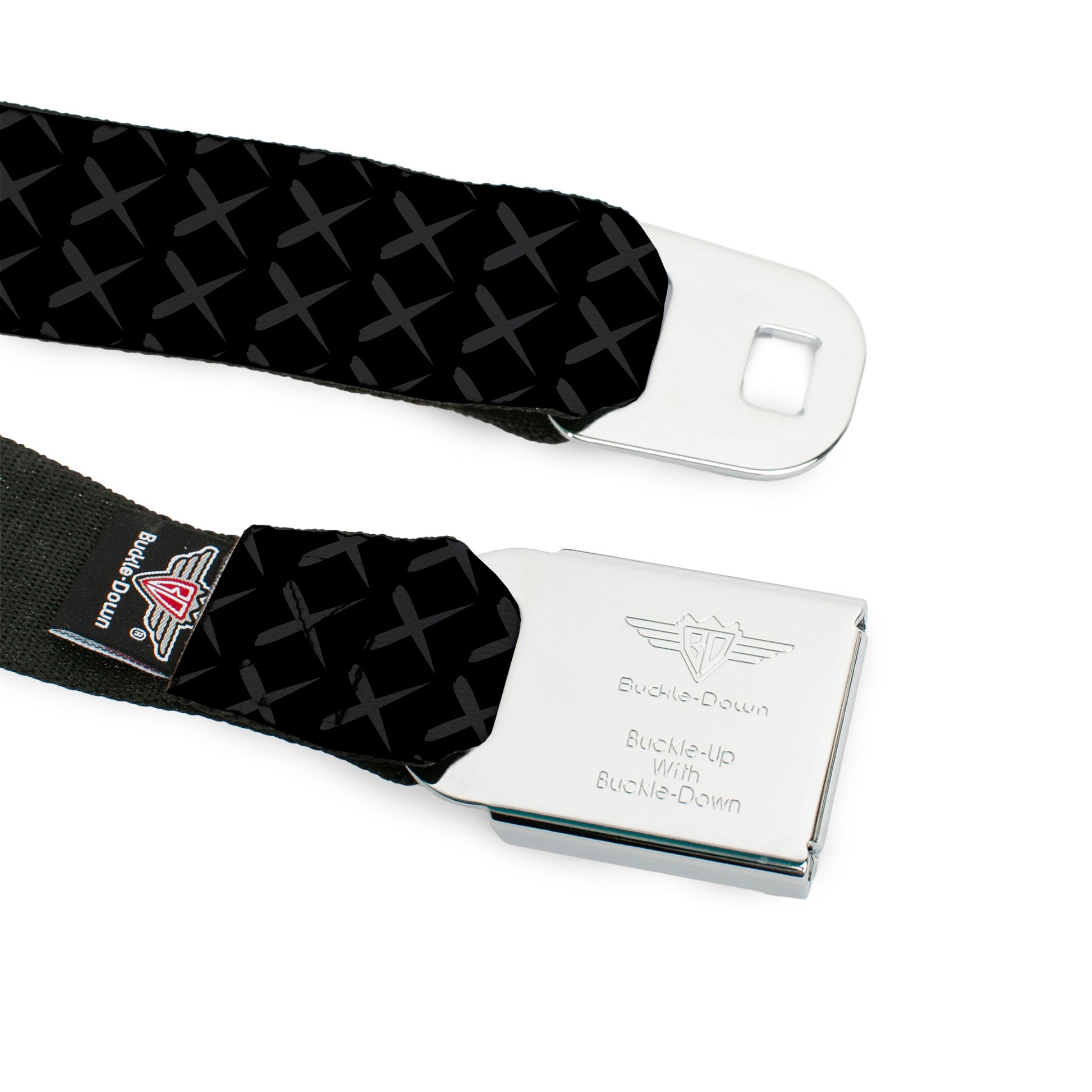 BD Wings Logo CLOSE-UP Full Color Black Silver Seatbelt Belt - Tread Plate Black/Gray Webbing Seatbelt Belts Buckle-Down