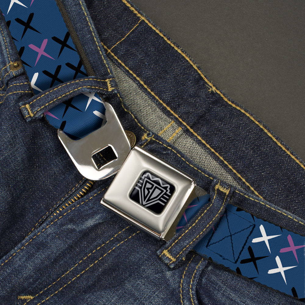 BD Wings Logo CLOSE-UP Full Color Black Silver Seatbelt Belt - Tread Plate Turquoise/Fuchsia/White Webbing Seatbelt Belts Buckle-Down