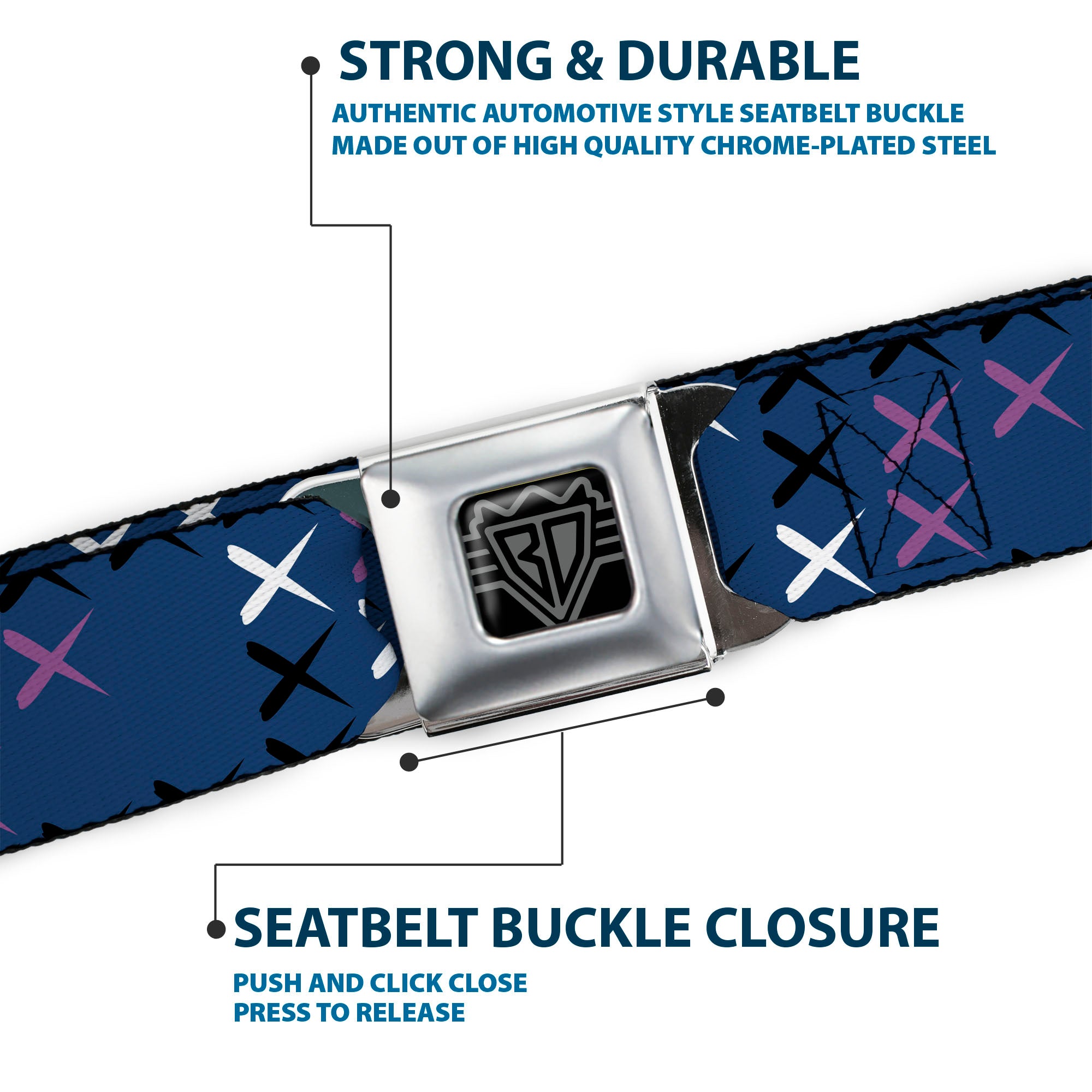 BD Wings Logo CLOSE-UP Full Color Black Silver Seatbelt Belt - Tread Plate Turquoise/Fuchsia/White Webbing Seatbelt Belts Buckle-Down