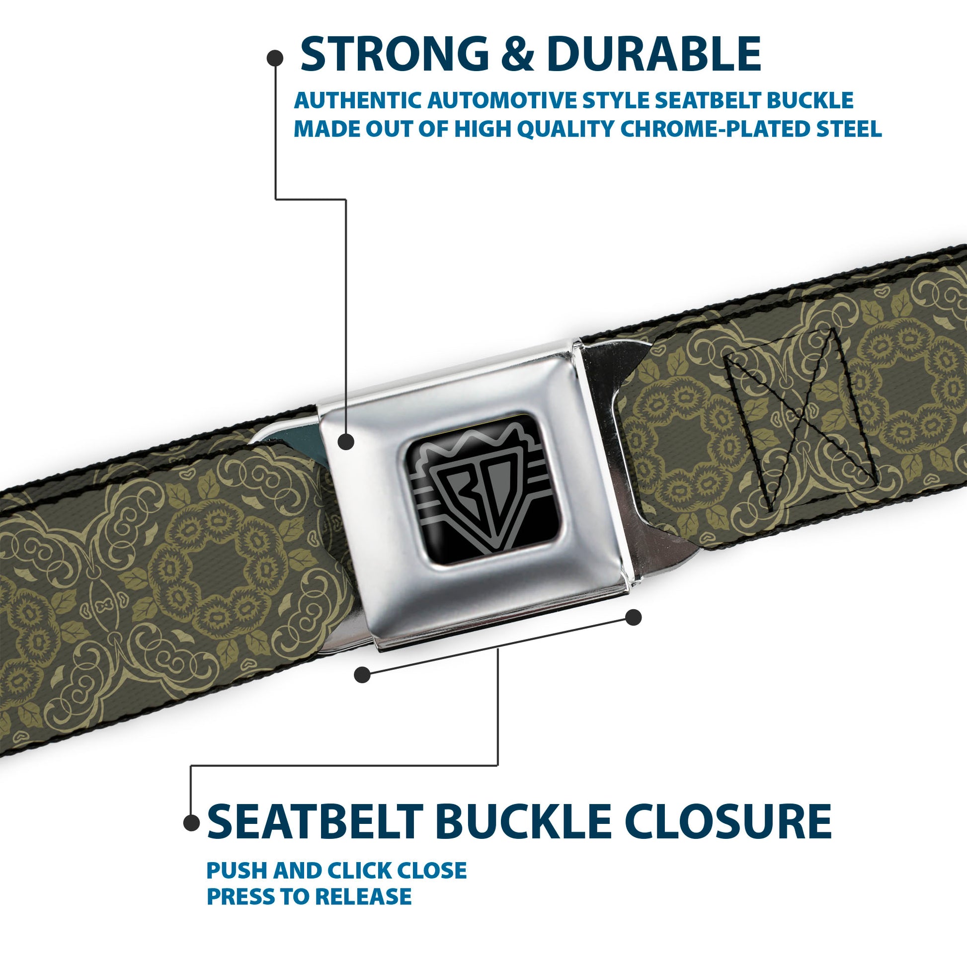 BD Wings Logo CLOSE-UP Full Color Black Silver Seatbelt Belt - Tapestry Charcoal/Olive Webbing Seatbelt Belts Buckle-Down