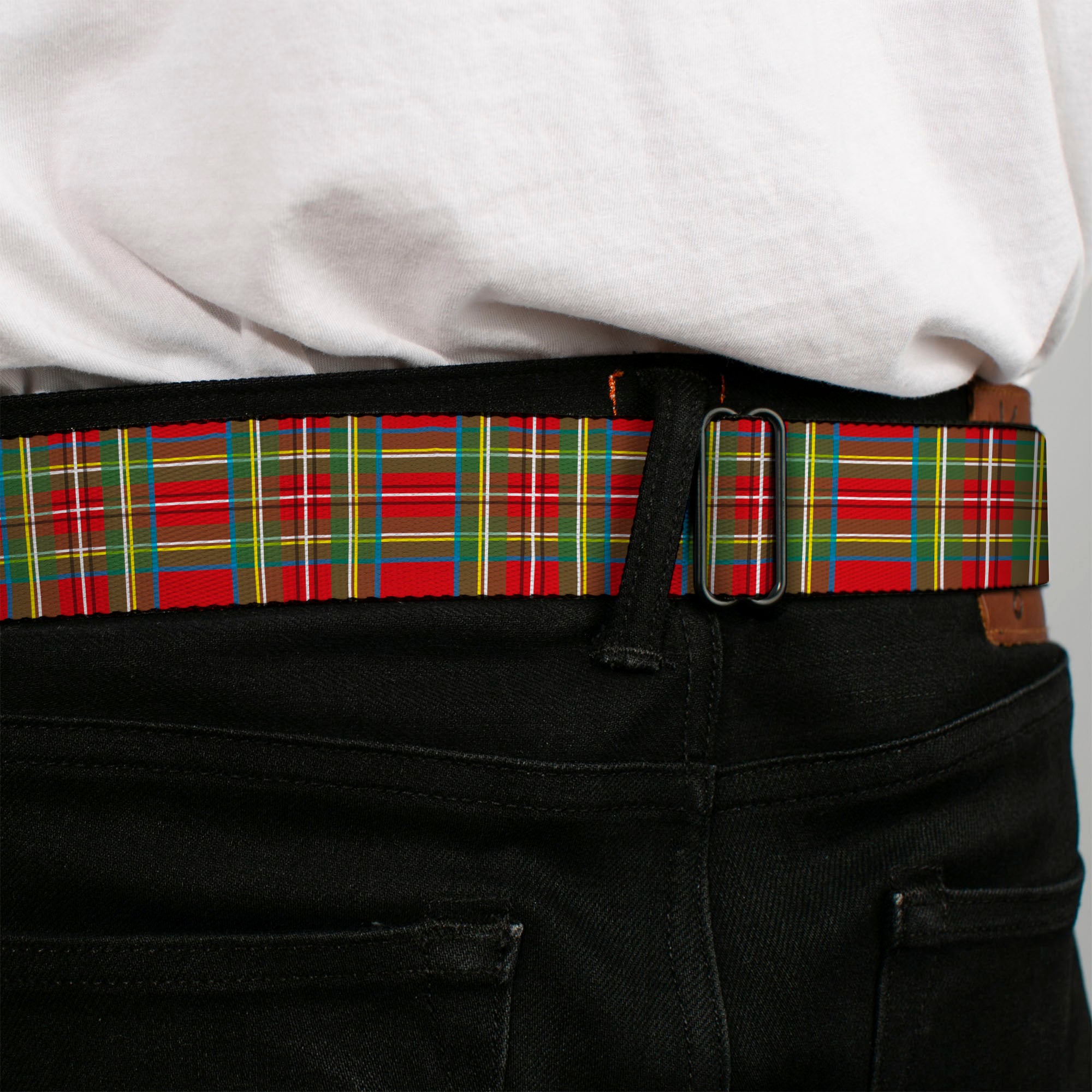 BD Wings Logo CLOSE-UP Full Color Black Silver Seatbelt Belt - Tartan Plaid Red/Green Webbing Seatbelt Belts Buckle-Down