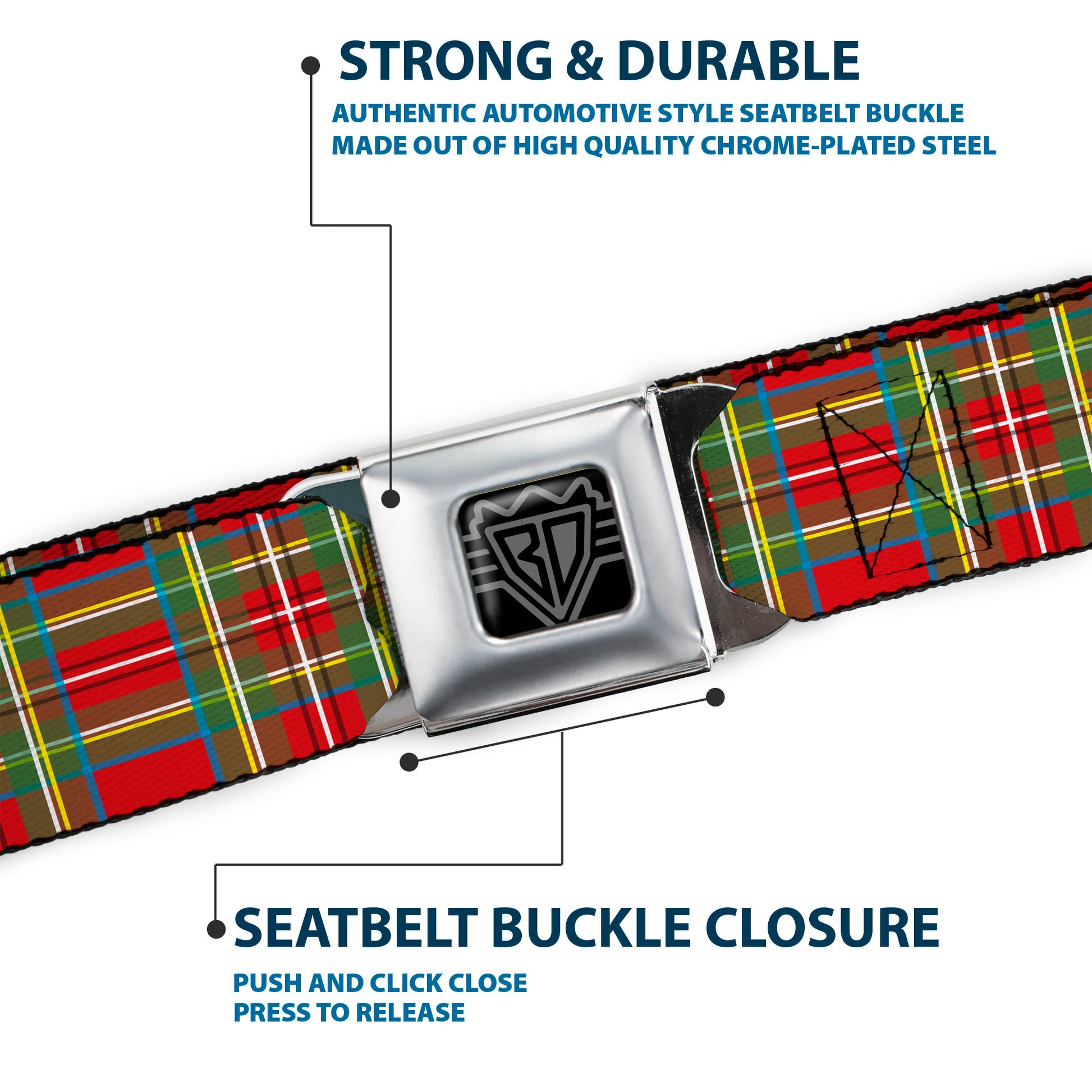 BD Wings Logo CLOSE-UP Full Color Black Silver Seatbelt Belt - Tartan Plaid Red/Green Webbing Seatbelt Belts Buckle-Down