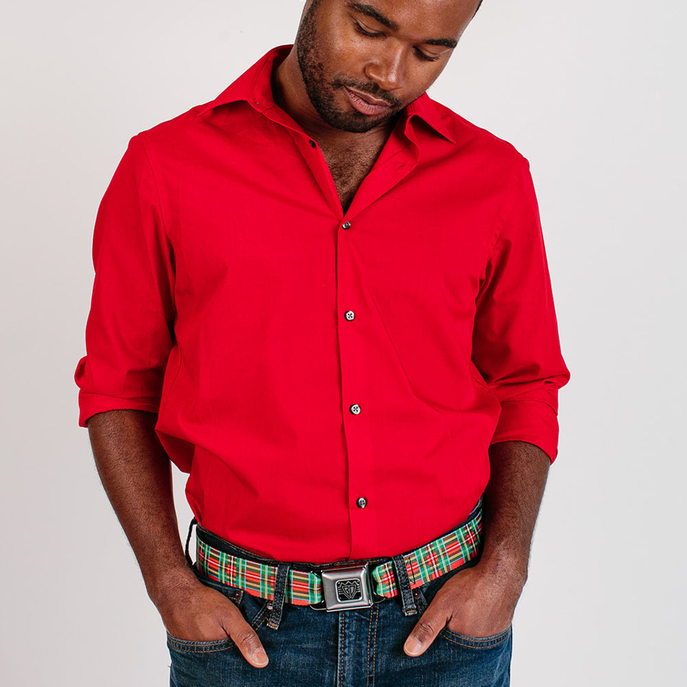 BD Wings Logo CLOSE-UP Full Color Black Silver Seatbelt Belt - Tartan Plaid Red/Green Webbing Seatbelt Belts Buckle-Down