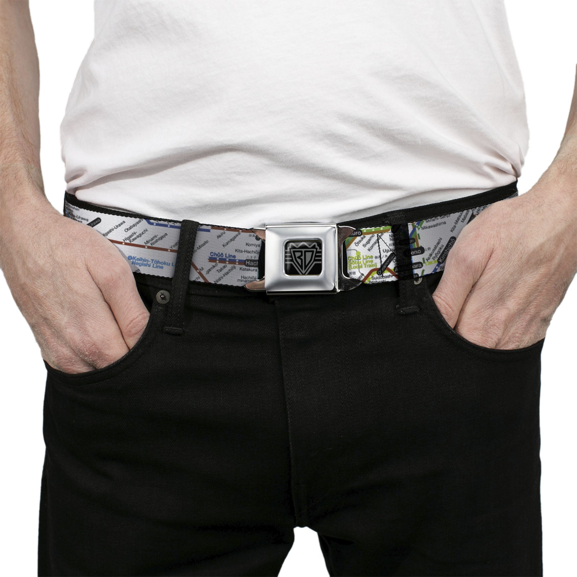 BD Wings Logo CLOSE-UP Full Color Black Silver Seatbelt Belt - Tokyo Subway Webbing Seatbelt Belts Buckle-Down