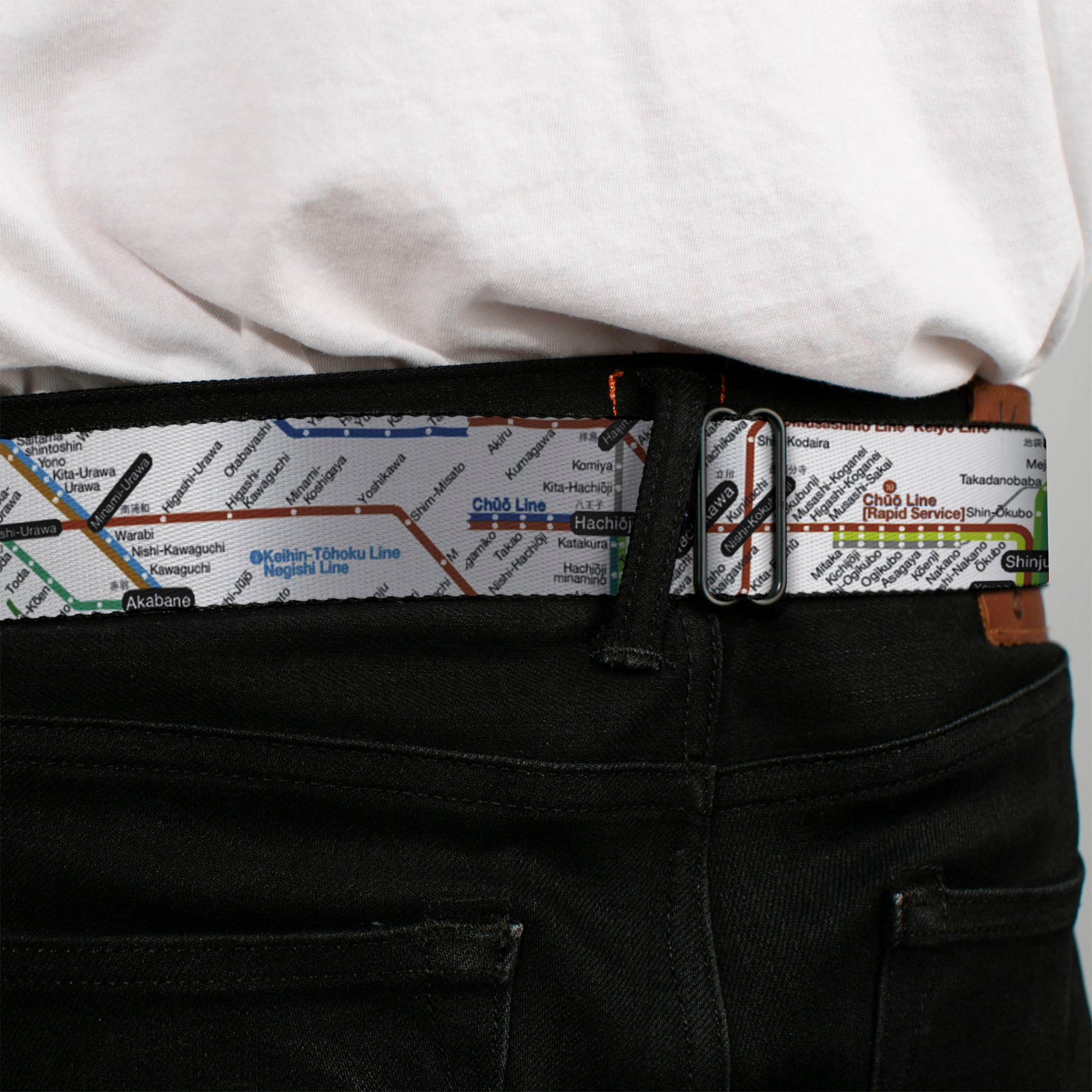 BD Wings Logo CLOSE-UP Full Color Black Silver Seatbelt Belt - Tokyo Subway Webbing Seatbelt Belts Buckle-Down