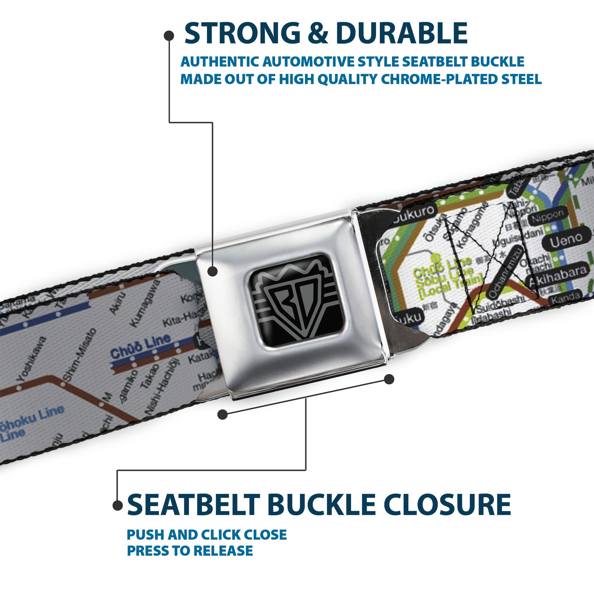 BD Wings Logo CLOSE-UP Full Color Black Silver Seatbelt Belt - Tokyo Subway Webbing Seatbelt Belts Buckle-Down