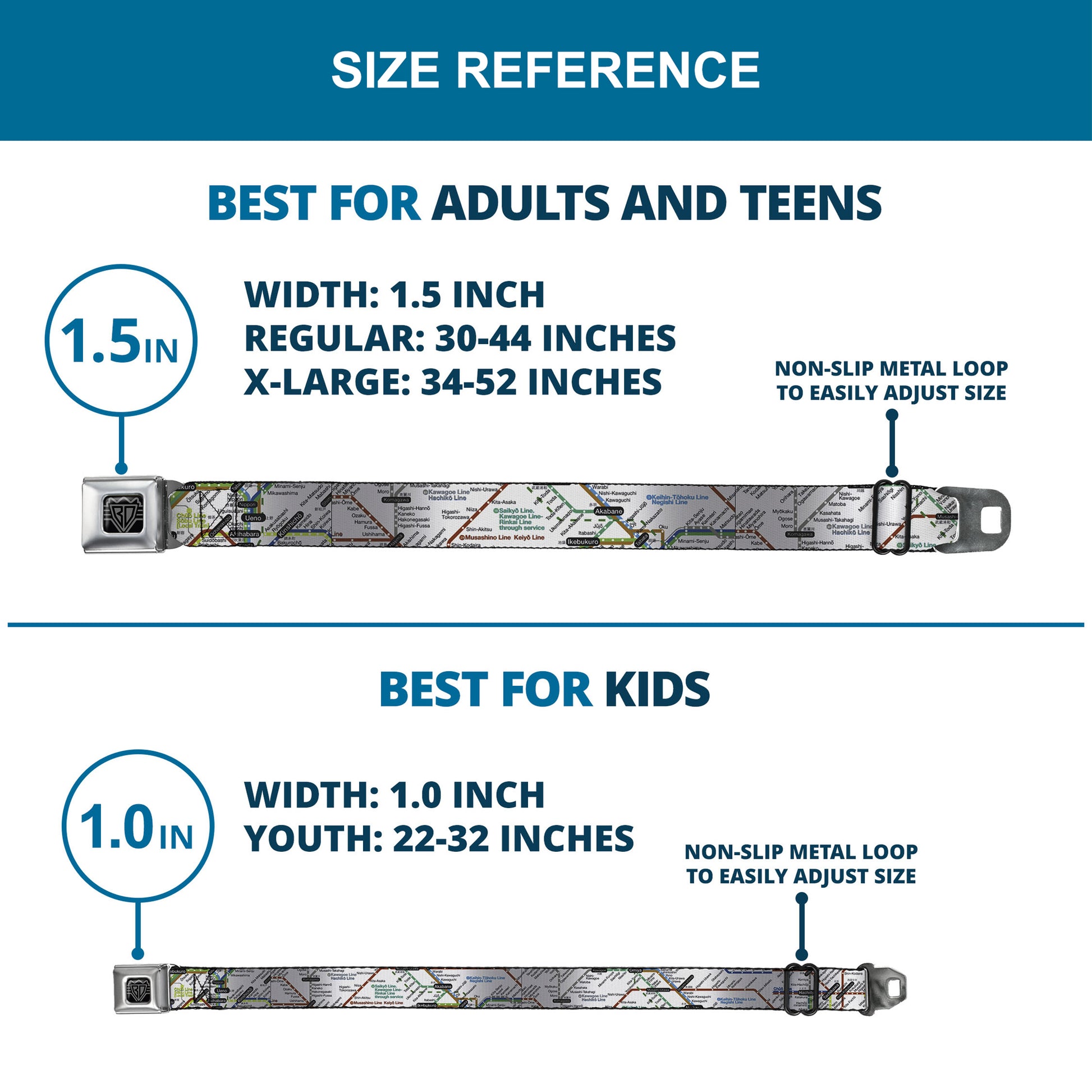 BD Wings Logo CLOSE-UP Full Color Black Silver Seatbelt Belt - Tokyo Subway Webbing Seatbelt Belts Buckle-Down