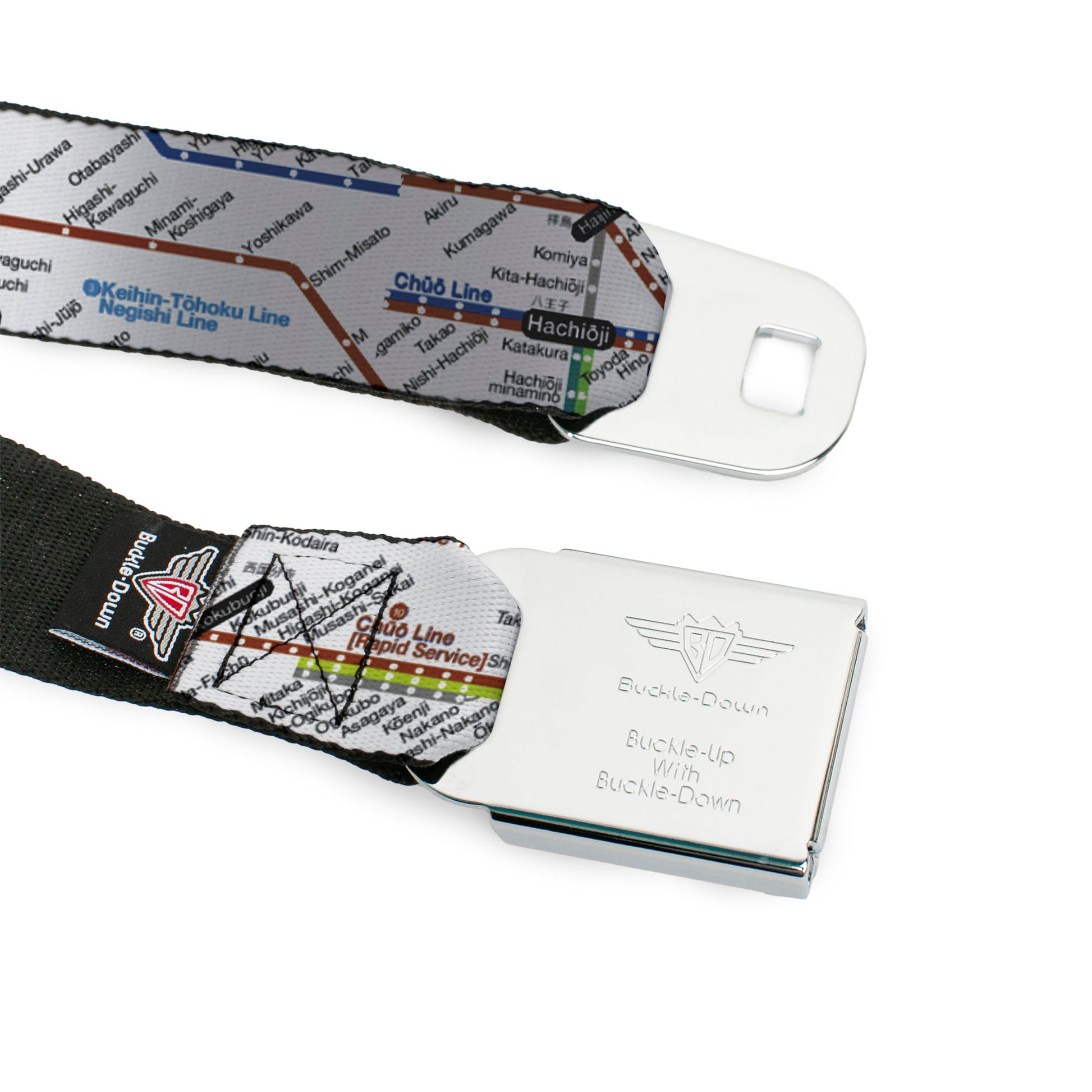 BD Wings Logo CLOSE-UP Full Color Black Silver Seatbelt Belt - Tokyo Subway Webbing Seatbelt Belts Buckle-Down