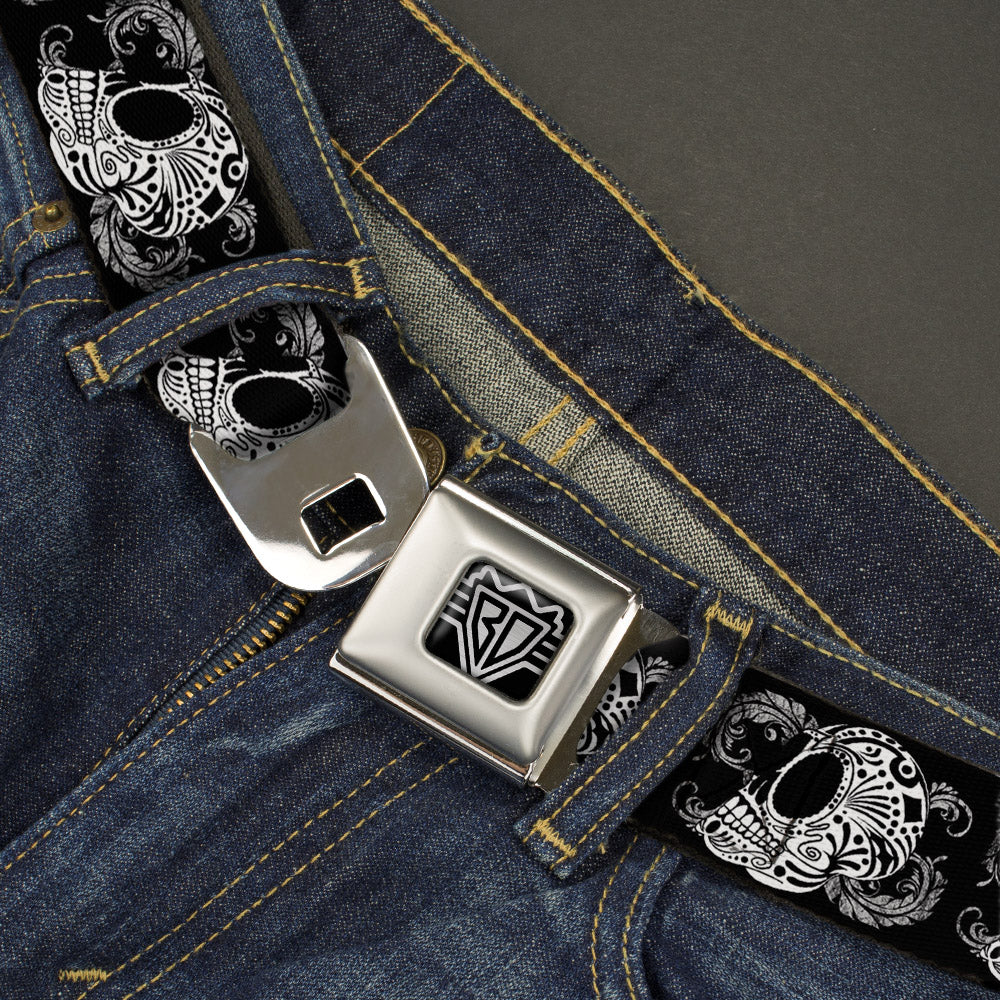 BD Wings Logo CLOSE-UP Full Color Black Silver Seatbelt Belt - Tattoo Skull Floral Black/White Webbing Seatbelt Belts Buckle-Down