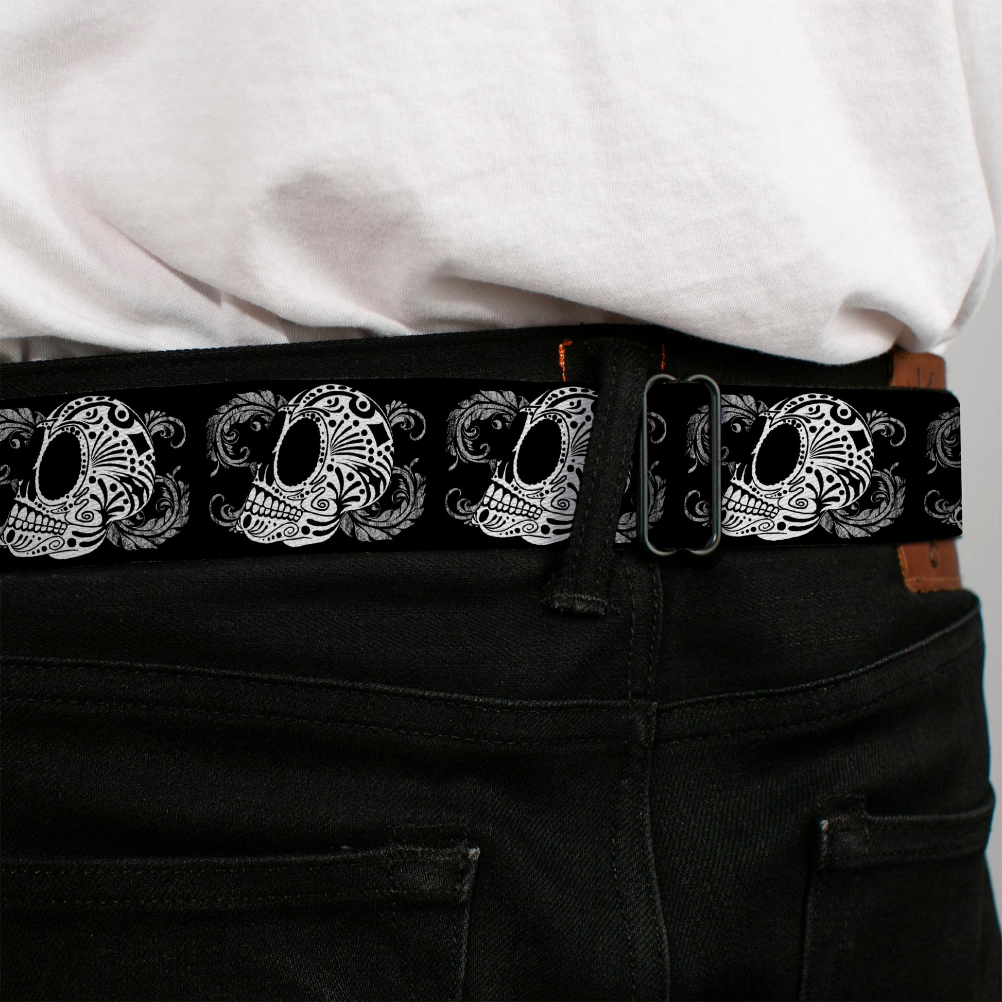 BD Wings Logo CLOSE-UP Full Color Black Silver Seatbelt Belt - Tattoo Skull Floral Black/White Webbing Seatbelt Belts Buckle-Down