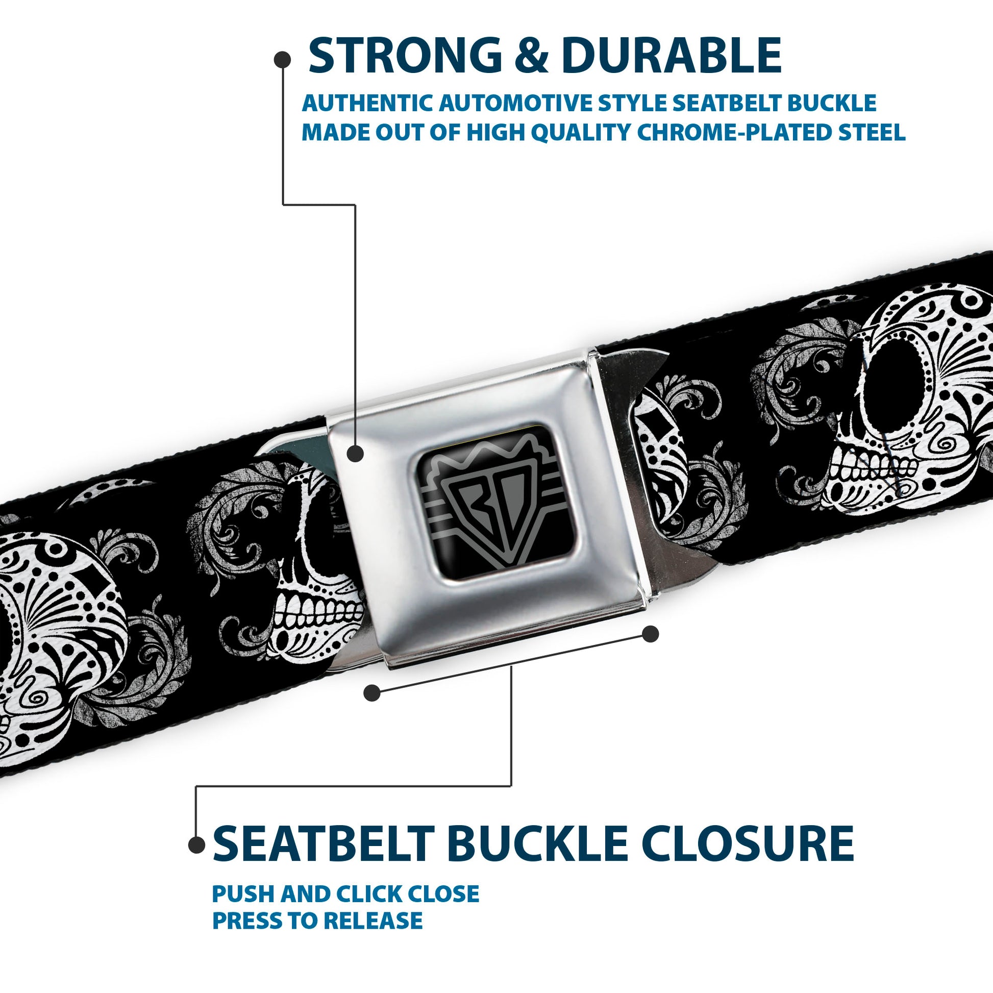 BD Wings Logo CLOSE-UP Full Color Black Silver Seatbelt Belt - Tattoo Skull Floral Black/White Webbing Seatbelt Belts Buckle-Down