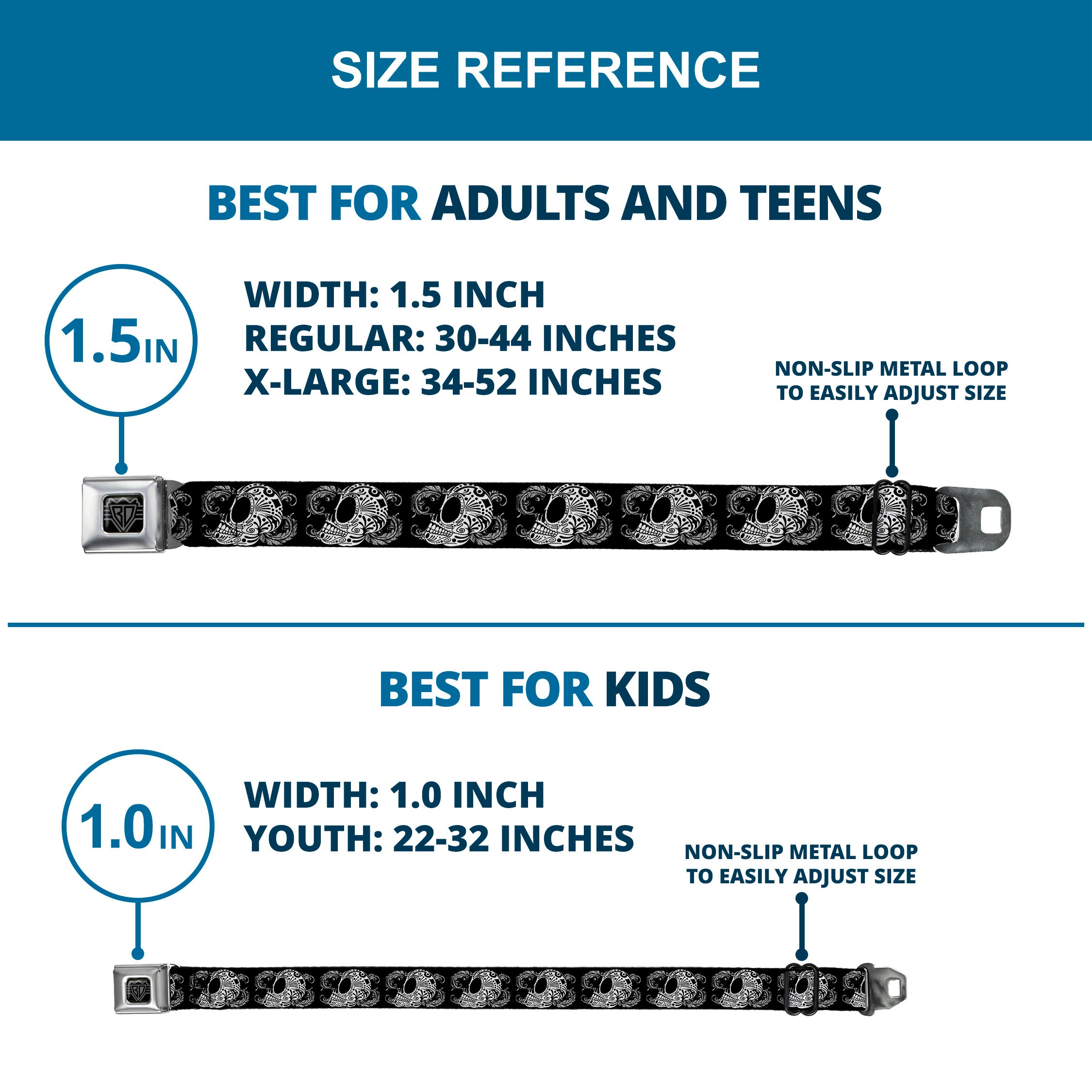 BD Wings Logo CLOSE-UP Full Color Black Silver Seatbelt Belt - Tattoo Skull Floral Black/White Webbing Seatbelt Belts Buckle-Down