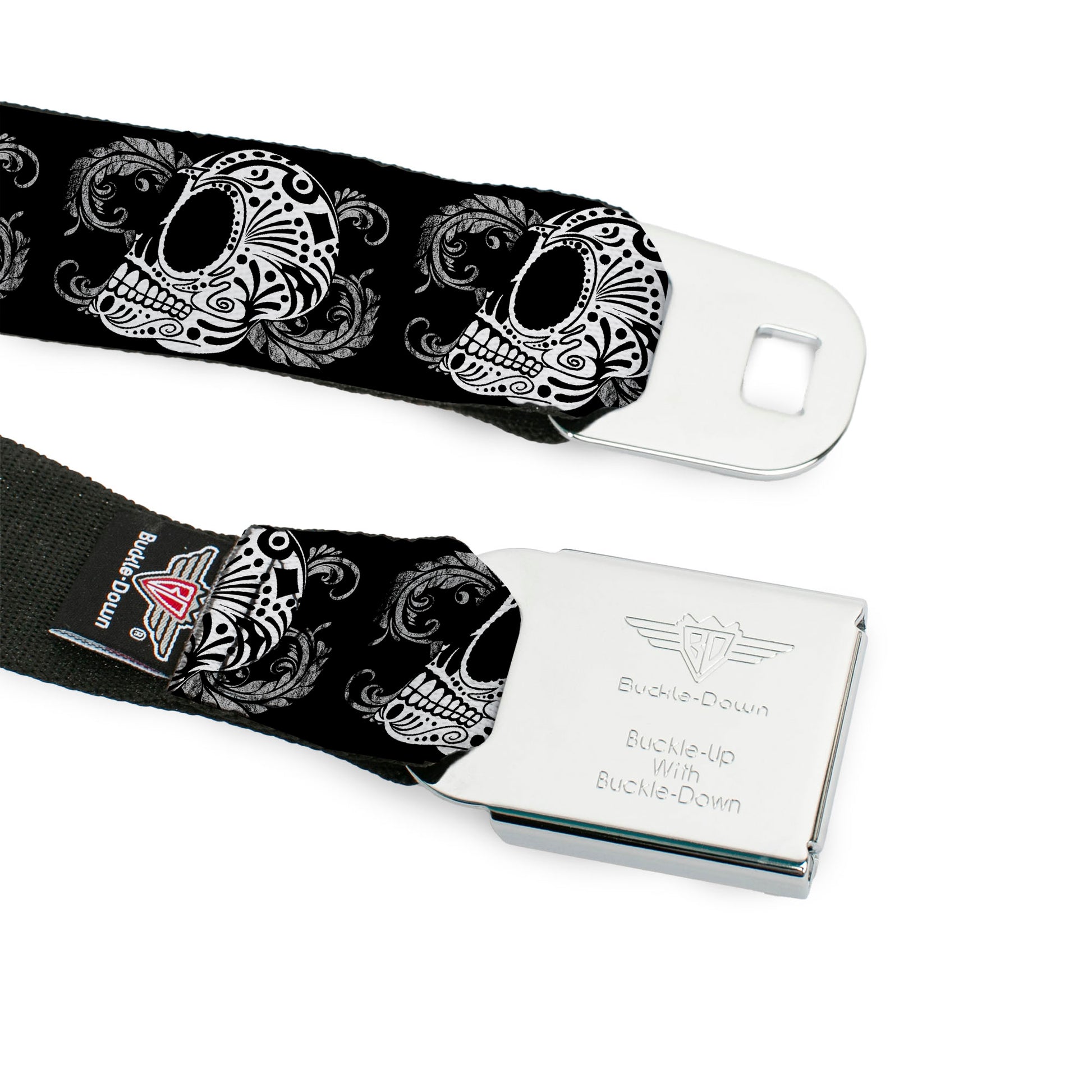 BD Wings Logo CLOSE-UP Full Color Black Silver Seatbelt Belt - Tattoo Skull Floral Black/White Webbing Seatbelt Belts Buckle-Down
