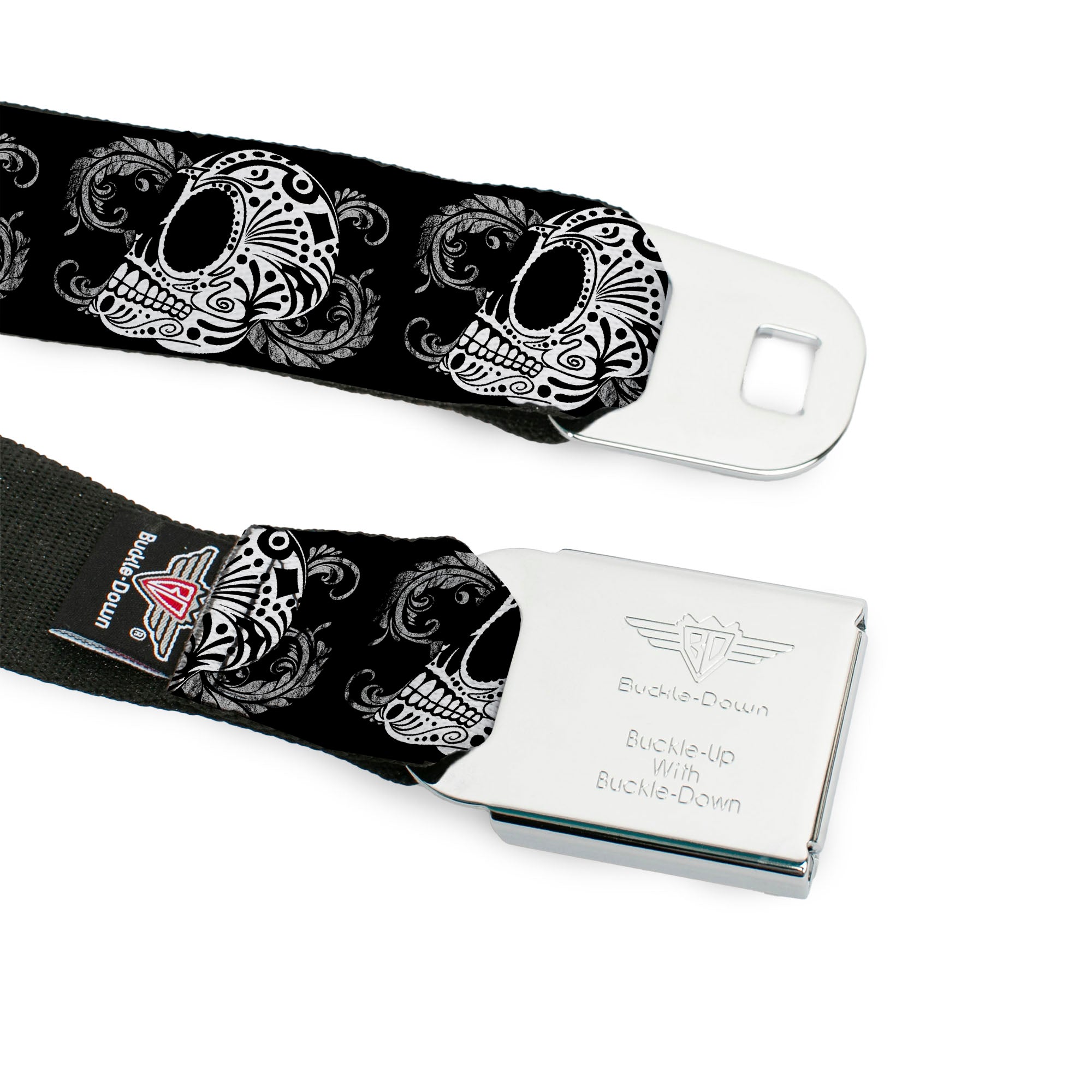 BD Wings Logo CLOSE-UP Full Color Black Silver Seatbelt Belt - Tattoo Skull Floral Black/White Webbing Seatbelt Belts Buckle-Down
