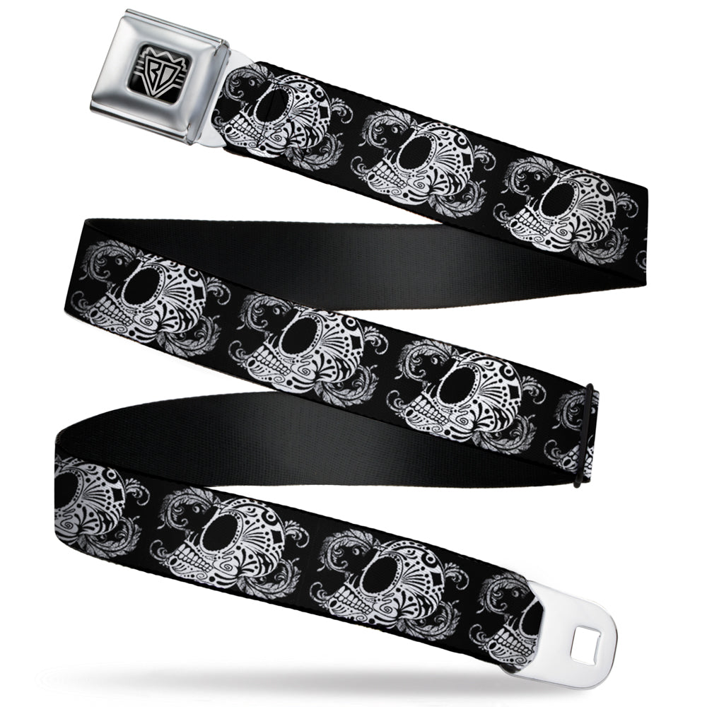 BD Wings Logo CLOSE-UP Full Color Black Silver Seatbelt Belt - Tattoo Skull Floral Black/White Webbing Seatbelt Belts Buckle-Down