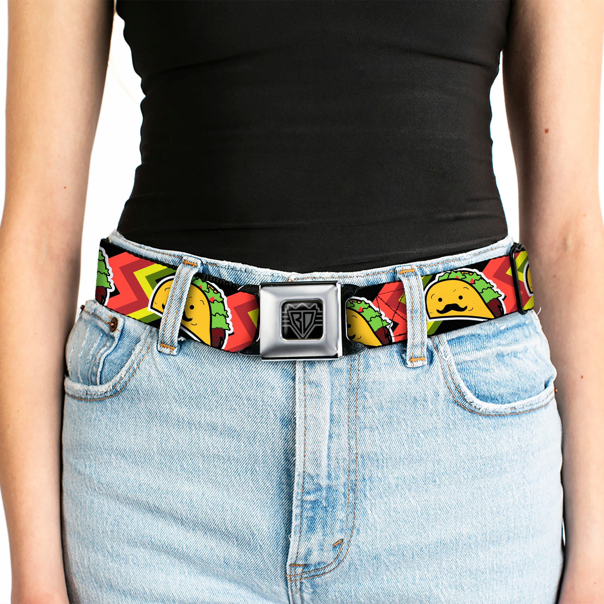 BD Wings Logo CLOSE-UP Full Color Black Silver Seatbelt Belt - Taco Man Webbing Seatbelt Belts Buckle-Down
