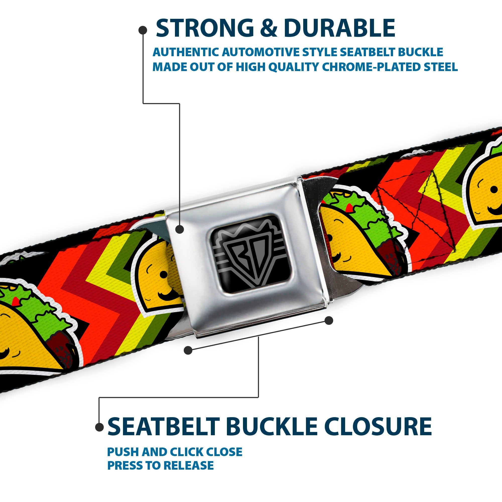 BD Wings Logo CLOSE-UP Full Color Black Silver Seatbelt Belt - Taco Man Webbing Seatbelt Belts Buckle-Down