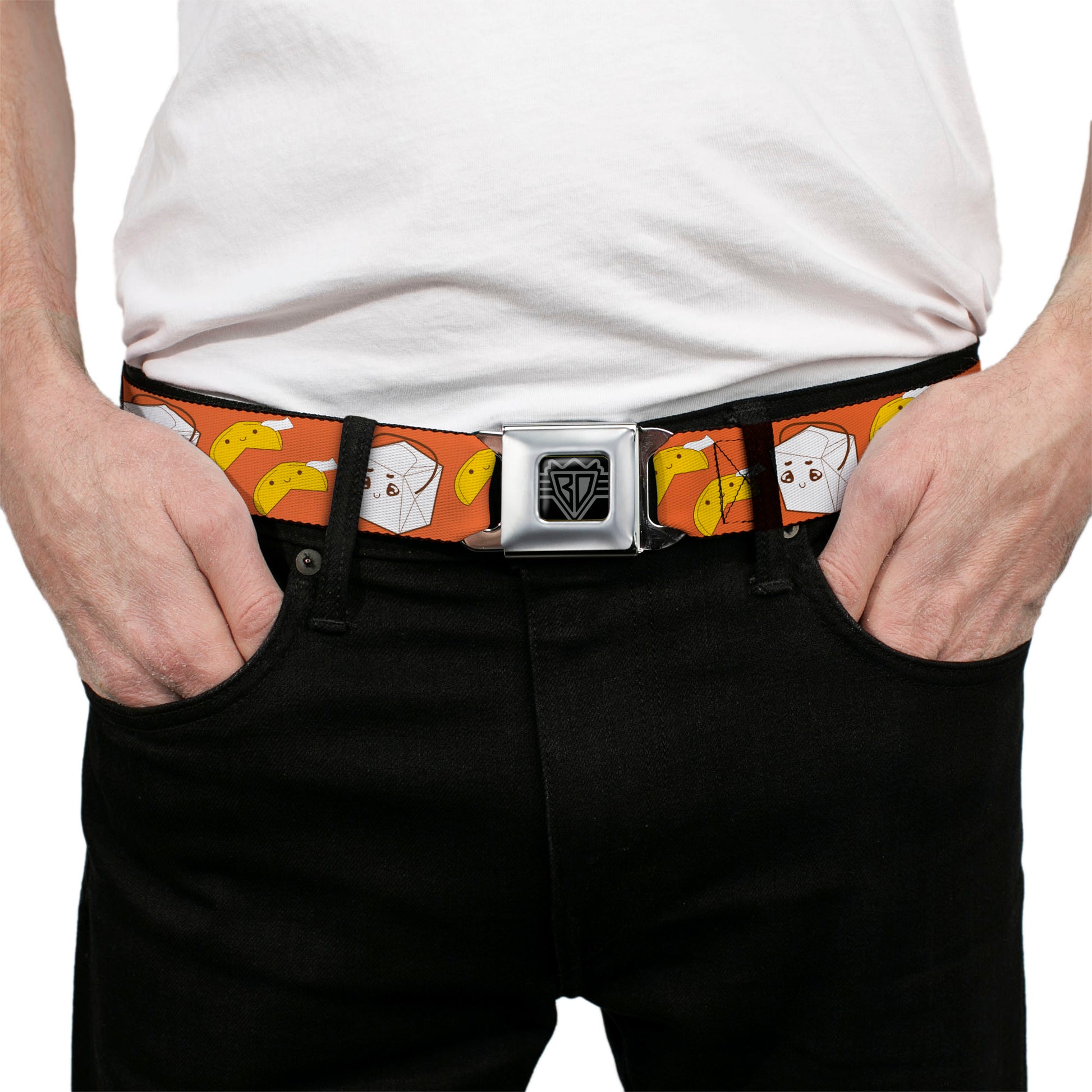 BD Wings Logo CLOSE-UP Full Color Black Silver Seatbelt Belt - Take Out/Fortune Cookies Orange Webbing Seatbelt Belts Buckle-Down