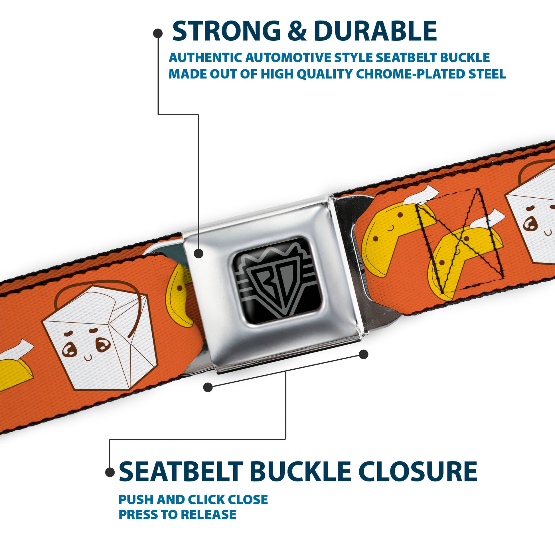 BD Wings Logo CLOSE-UP Full Color Black Silver Seatbelt Belt - Take Out/Fortune Cookies Orange Webbing Seatbelt Belts Buckle-Down