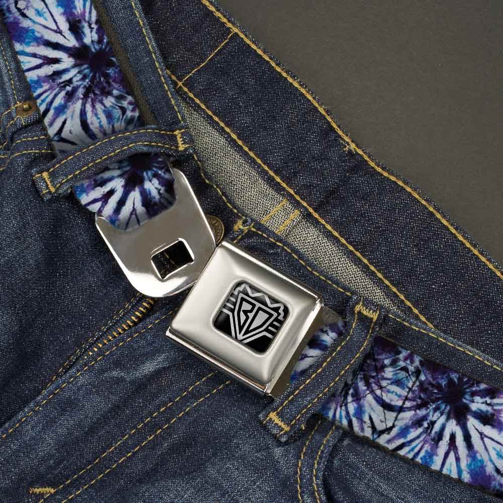 BD Wings Logo CLOSE-UP Full Color Black Silver Seatbelt Belt - Tie Dye Purple/Blue Webbing Seatbelt Belts Buckle-Down